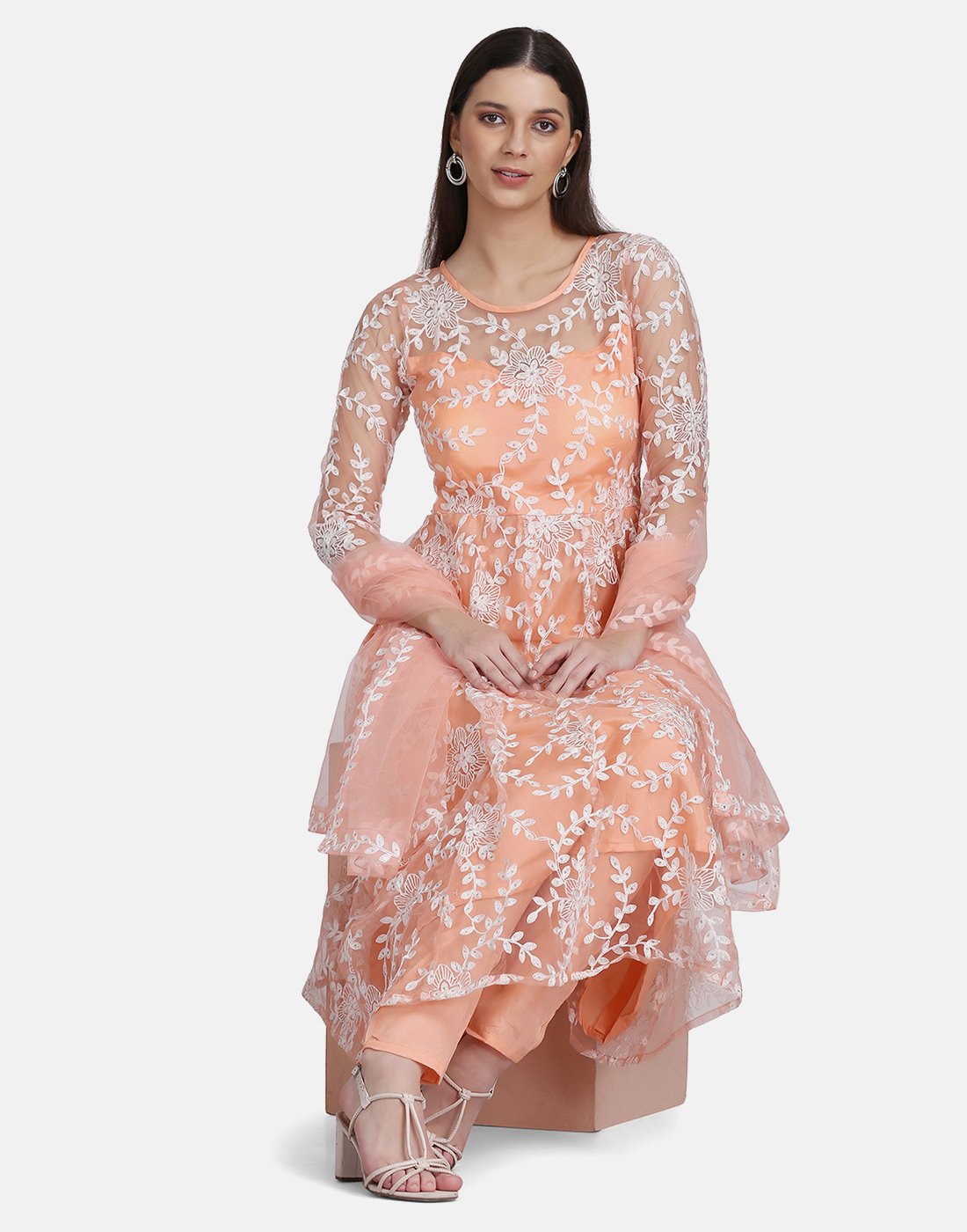 Peach Net Anarkali Suit