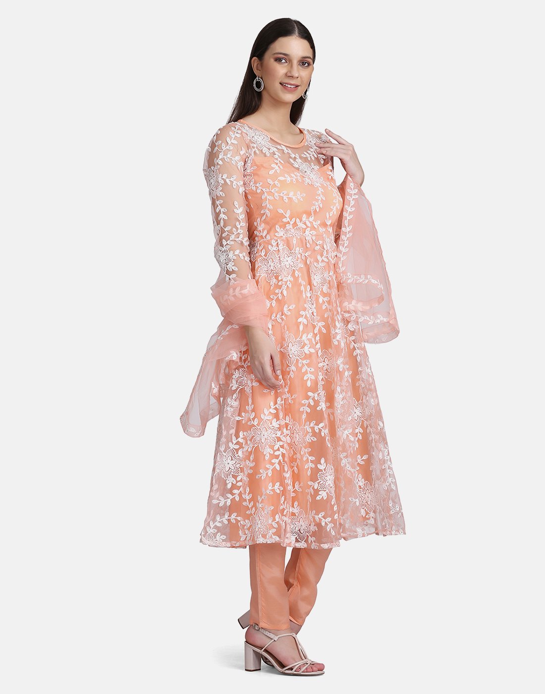 Peach Net Anarkali Suit