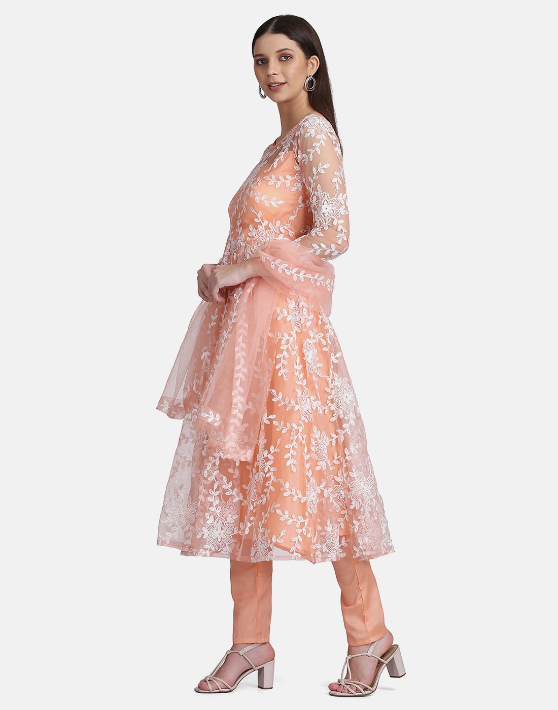 Peach Net Anarkali Suit