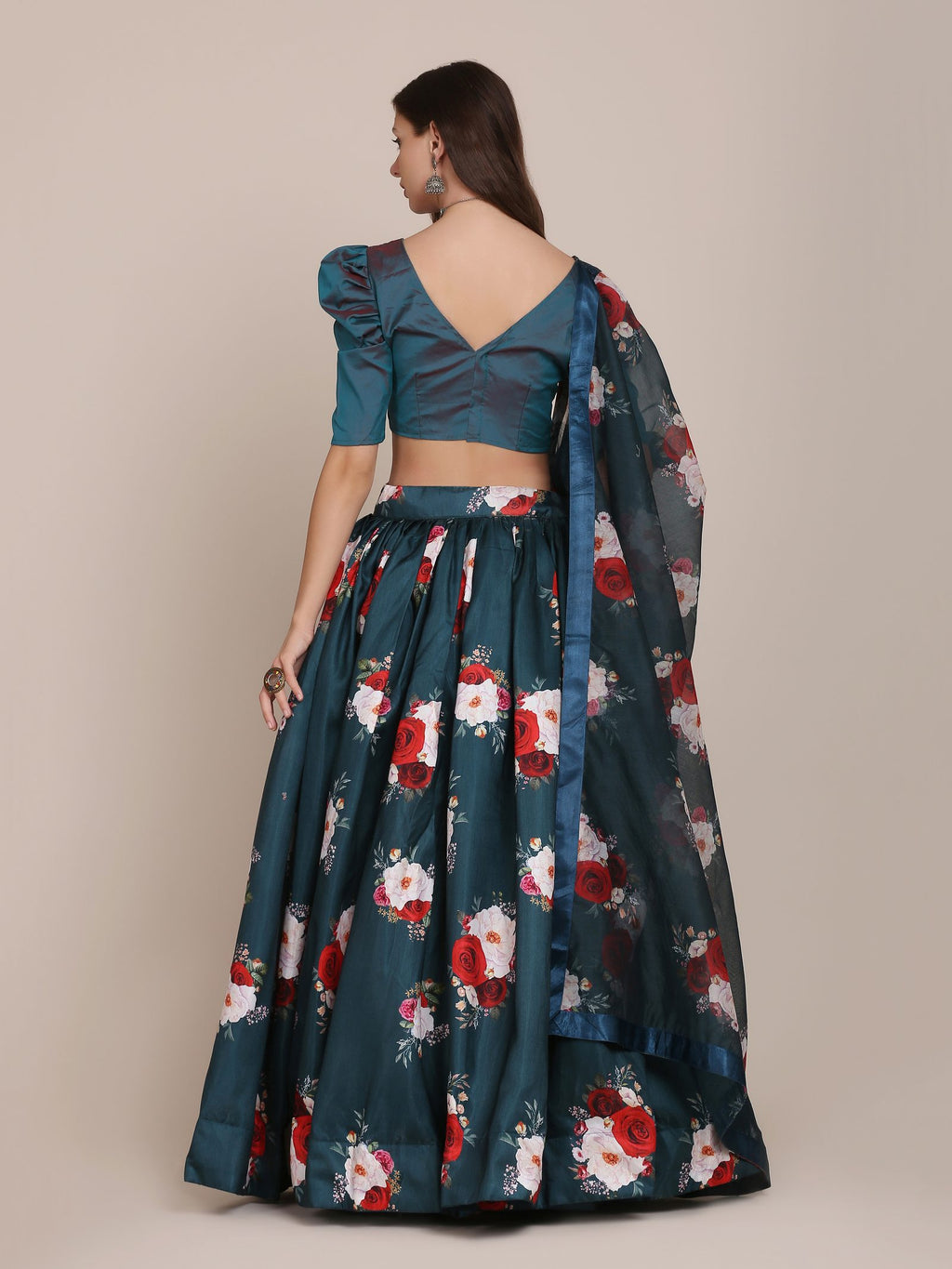 Bottle Green Floral Printed Semi-Stitched Mono Silk Lehenga Choli with Dupatta for Festive & Wedding Occasion