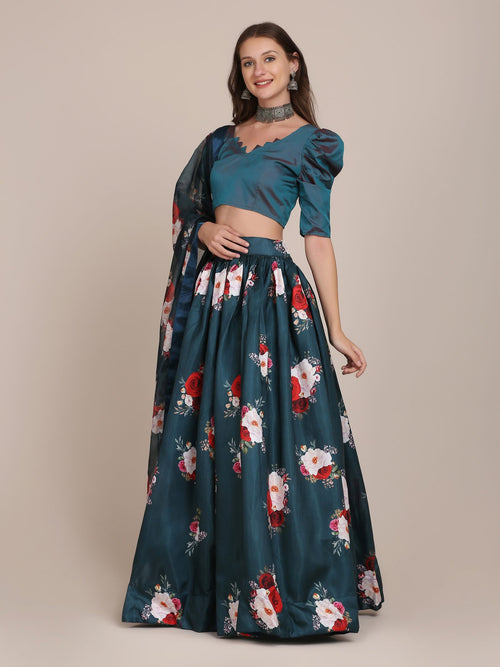 Bottle Green Floral Printed Semi-Stitched Mono Silk Lehenga Choli with Dupatta for Festive & Wedding Occasion