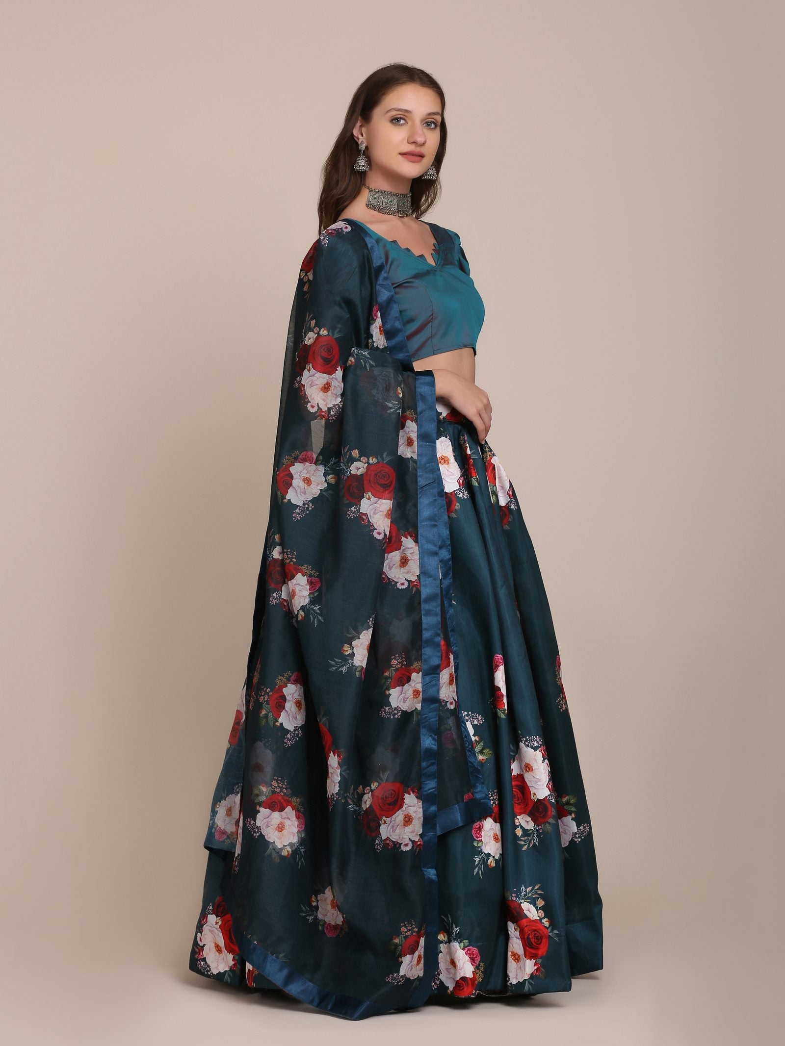 Bottle Green Floral Printed Semi-Stitched Mono Silk Lehenga Choli with Dupatta for Festive & Wedding Occasion