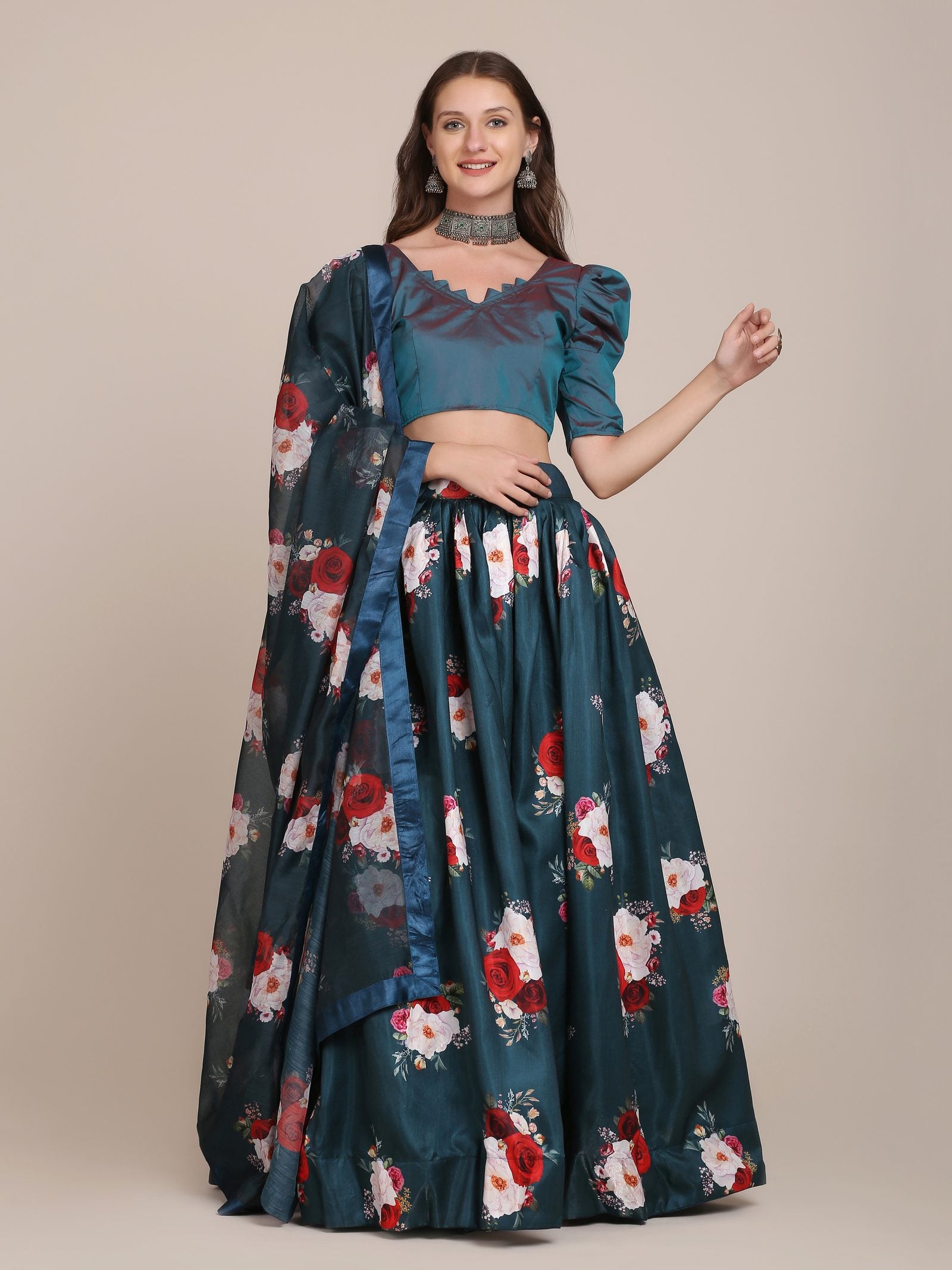 Bottle Green Floral Printed Semi-Stitched Mono Silk Lehenga Choli with Dupatta for Festive & Wedding Occasion