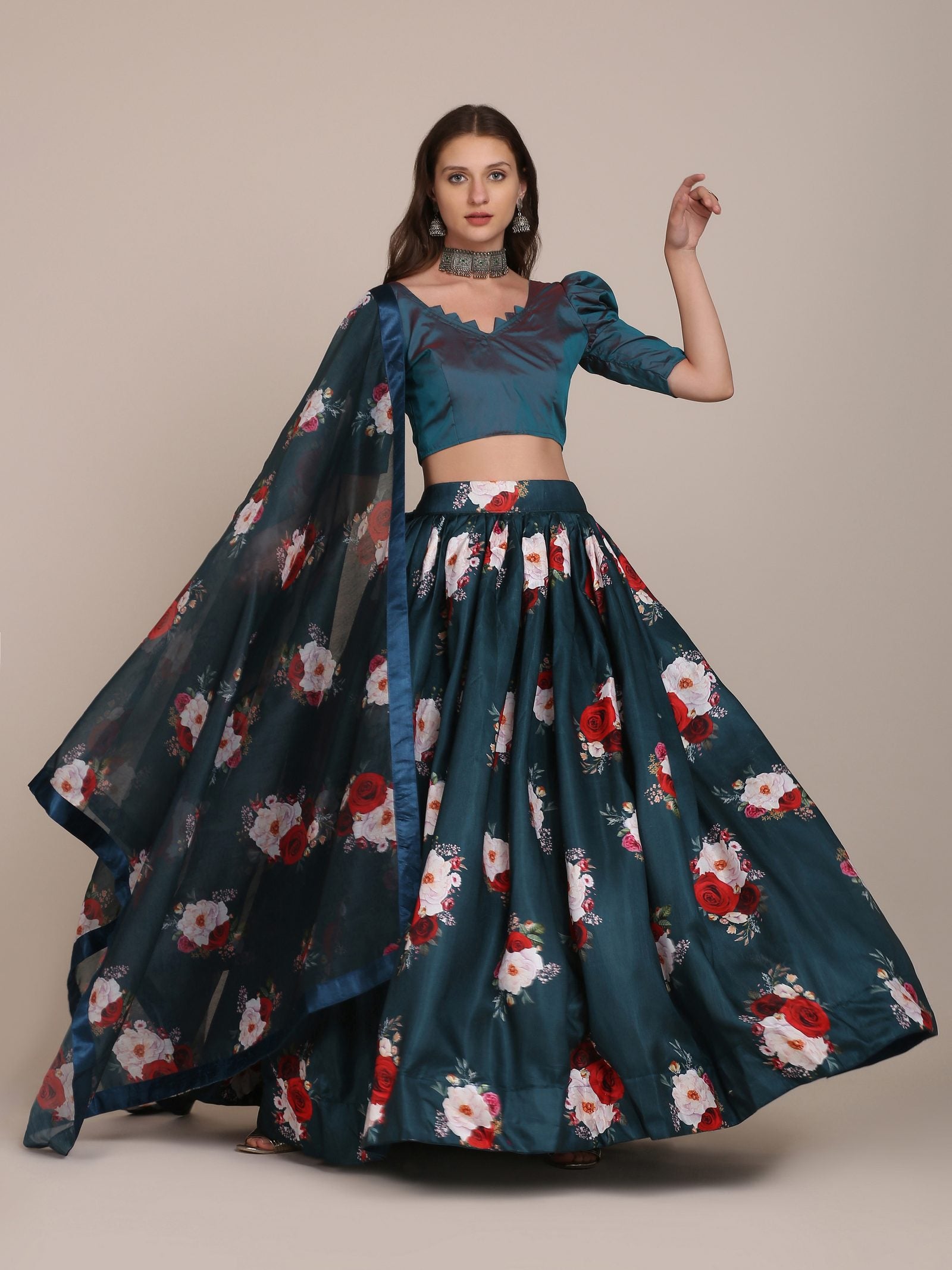 Bottle Green Floral Printed Semi-Stitched Mono Silk Lehenga Choli with Dupatta for Festive & Wedding Occasion