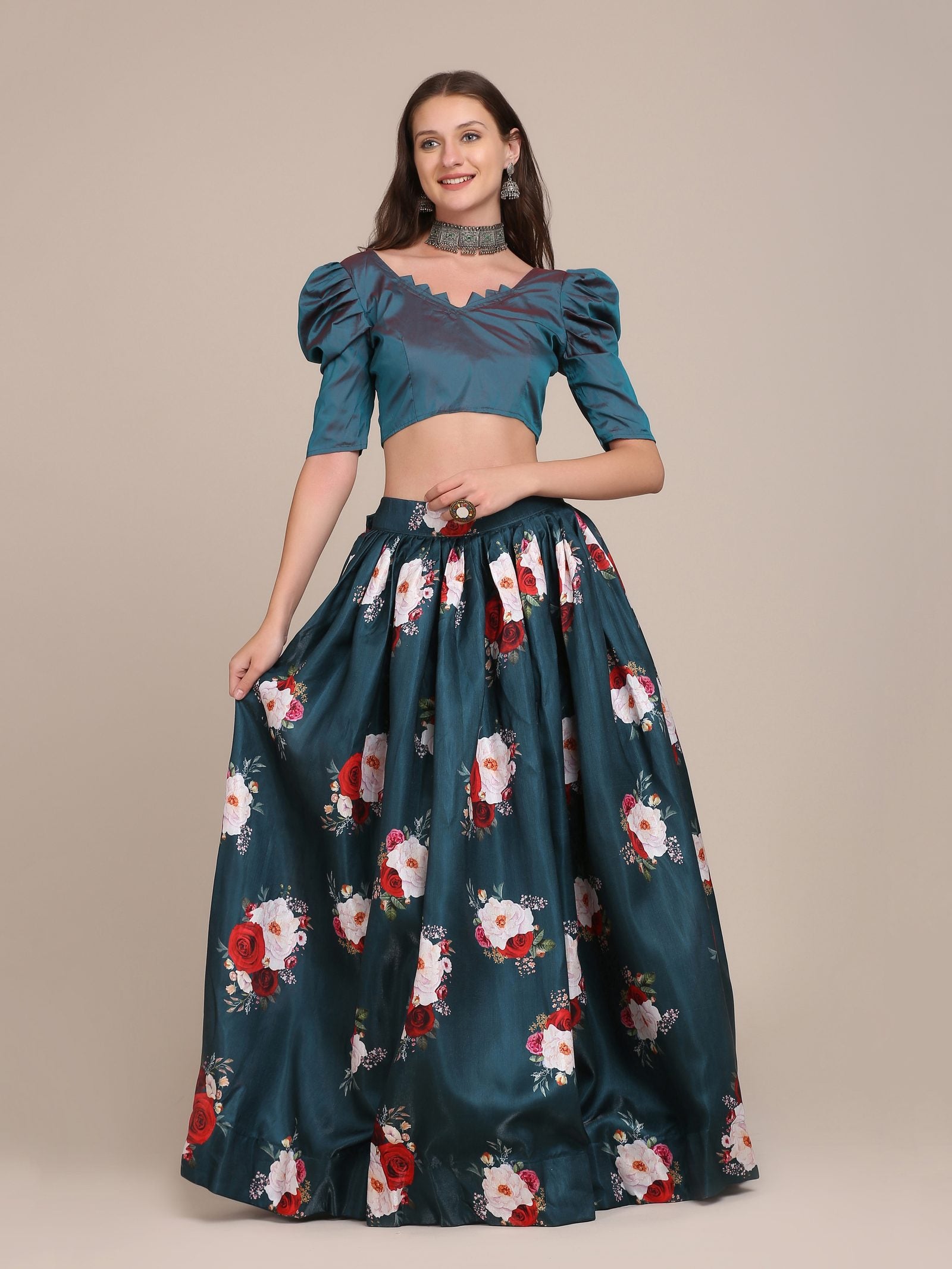 Bottle Green Floral Printed Semi-Stitched Mono Silk Lehenga Choli with Dupatta for Festive & Wedding Occasion