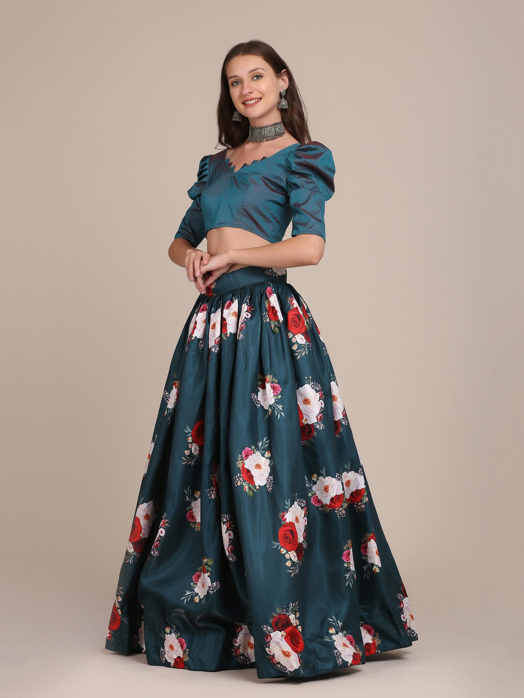 Bottle Green Floral Printed Semi-Stitched Mono Silk Lehenga Choli with Dupatta for Festive & Wedding Occasion