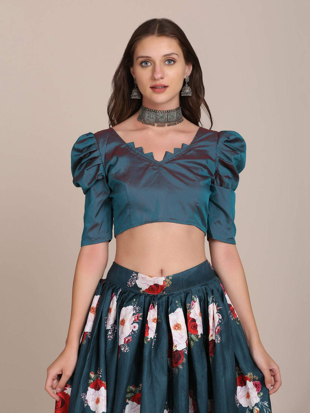 Bottle Green Floral Printed Semi-Stitched Mono Silk Lehenga Choli with Dupatta for Festive & Wedding Occasion