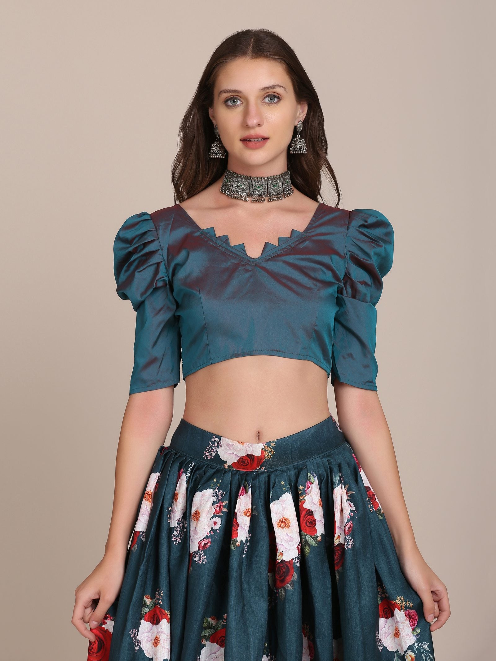 Bottle Green Floral Printed Semi-Stitched Mono Silk Lehenga Choli with Dupatta for Festive & Wedding Occasion