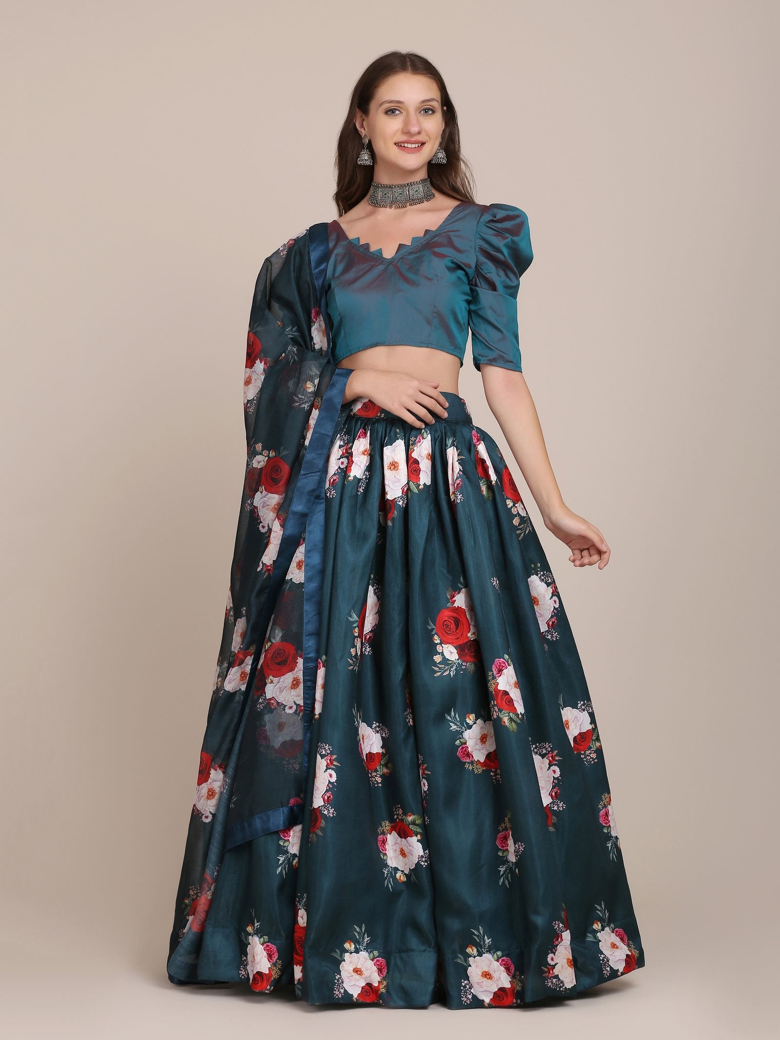 Bottle Green Floral Printed Semi-Stitched Mono Silk Lehenga Choli with Dupatta for Festive & Wedding Occasion