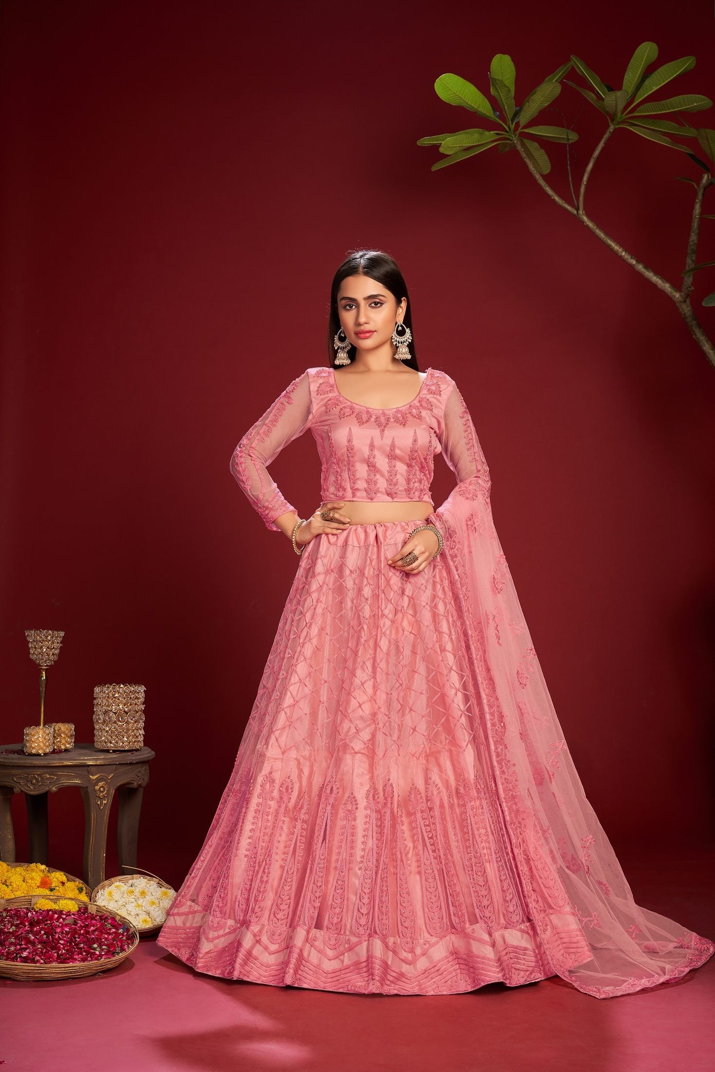 Dusty Pink Heavy Embroidered Work Semi-Stitched Net Lehenga Choli with Dupatta for Wedding & Festive Occasion