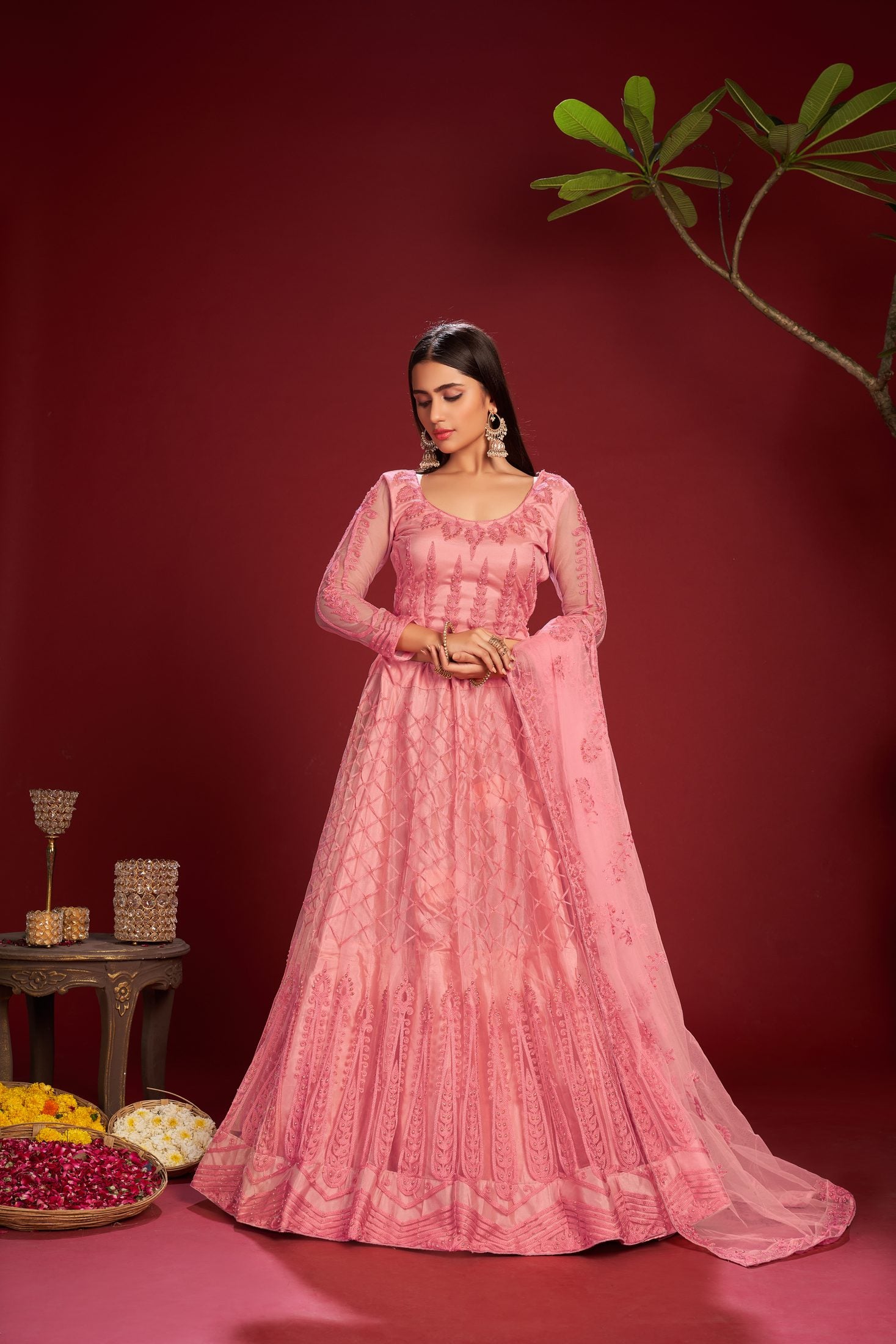 Dusty Pink Heavy Embroidered Work Semi-Stitched Net Lehenga Choli with Dupatta for Wedding & Festive Occasion