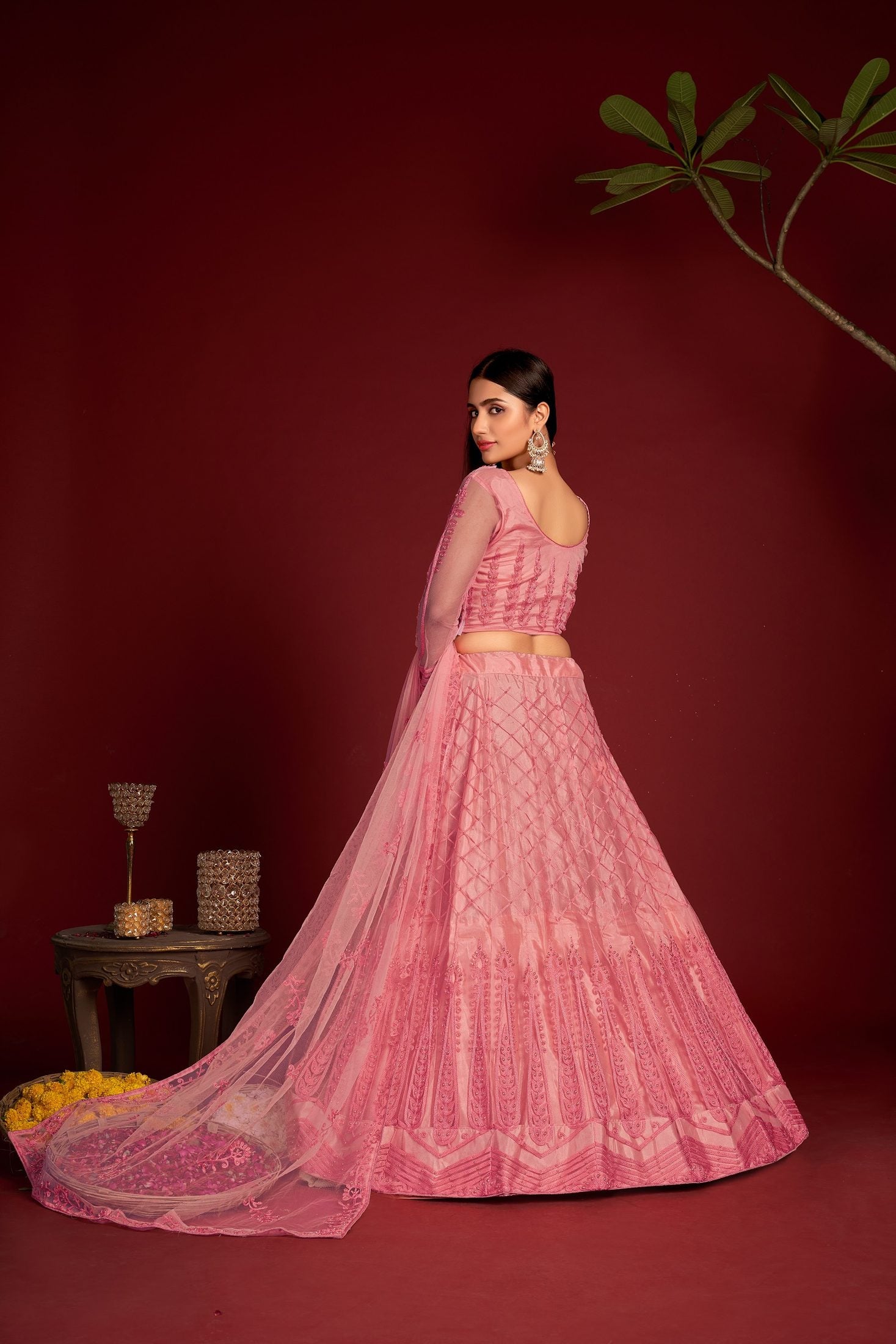 Dusty Pink Heavy Embroidered Work Semi-Stitched Net Lehenga Choli with Dupatta for Wedding & Festive Occasion