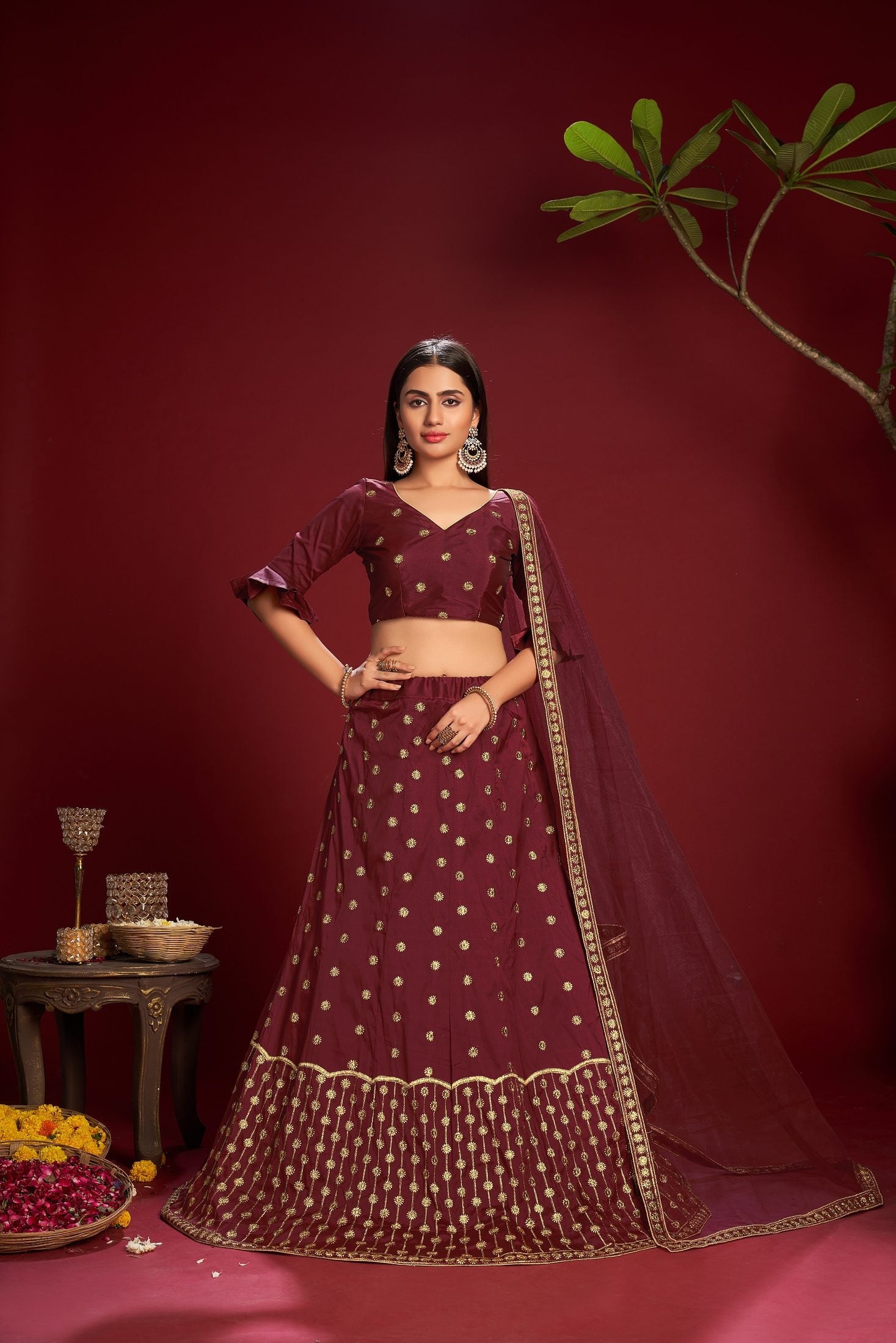 Wine Maroon Embroidered Butti Work Semi-Stitched Taffeta Silk Lehenga Choli with Dupatta for Wedding & Festive Occasion