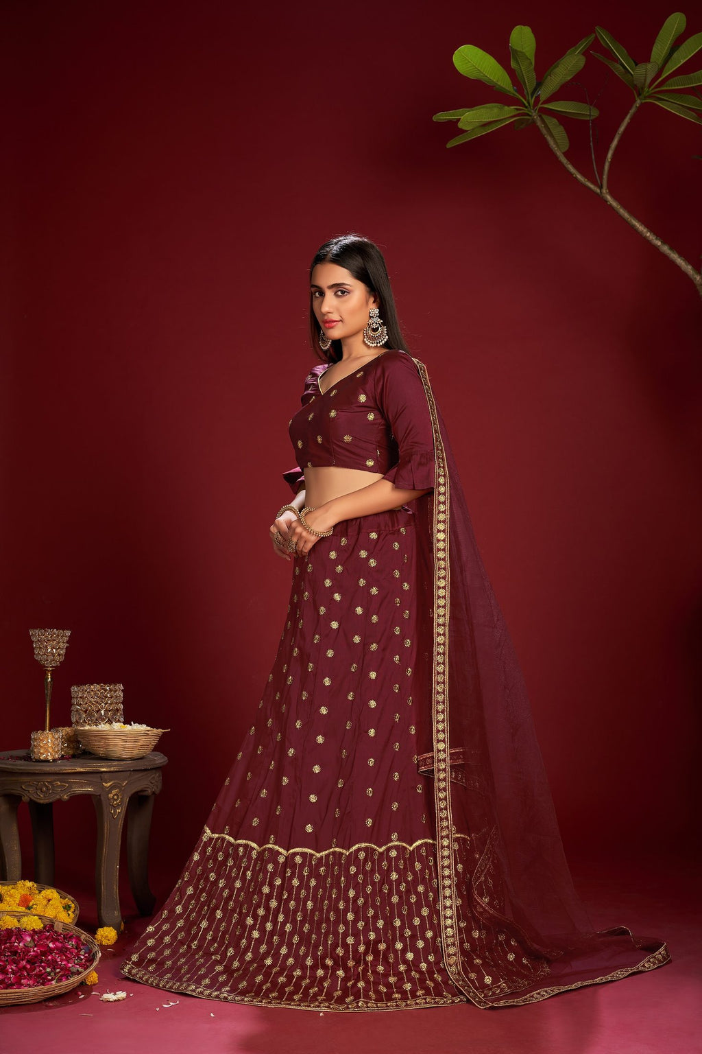 Wine Maroon Embroidered Butti Work Semi-Stitched Taffeta Silk Lehenga Choli with Dupatta for Wedding & Festive Occasion