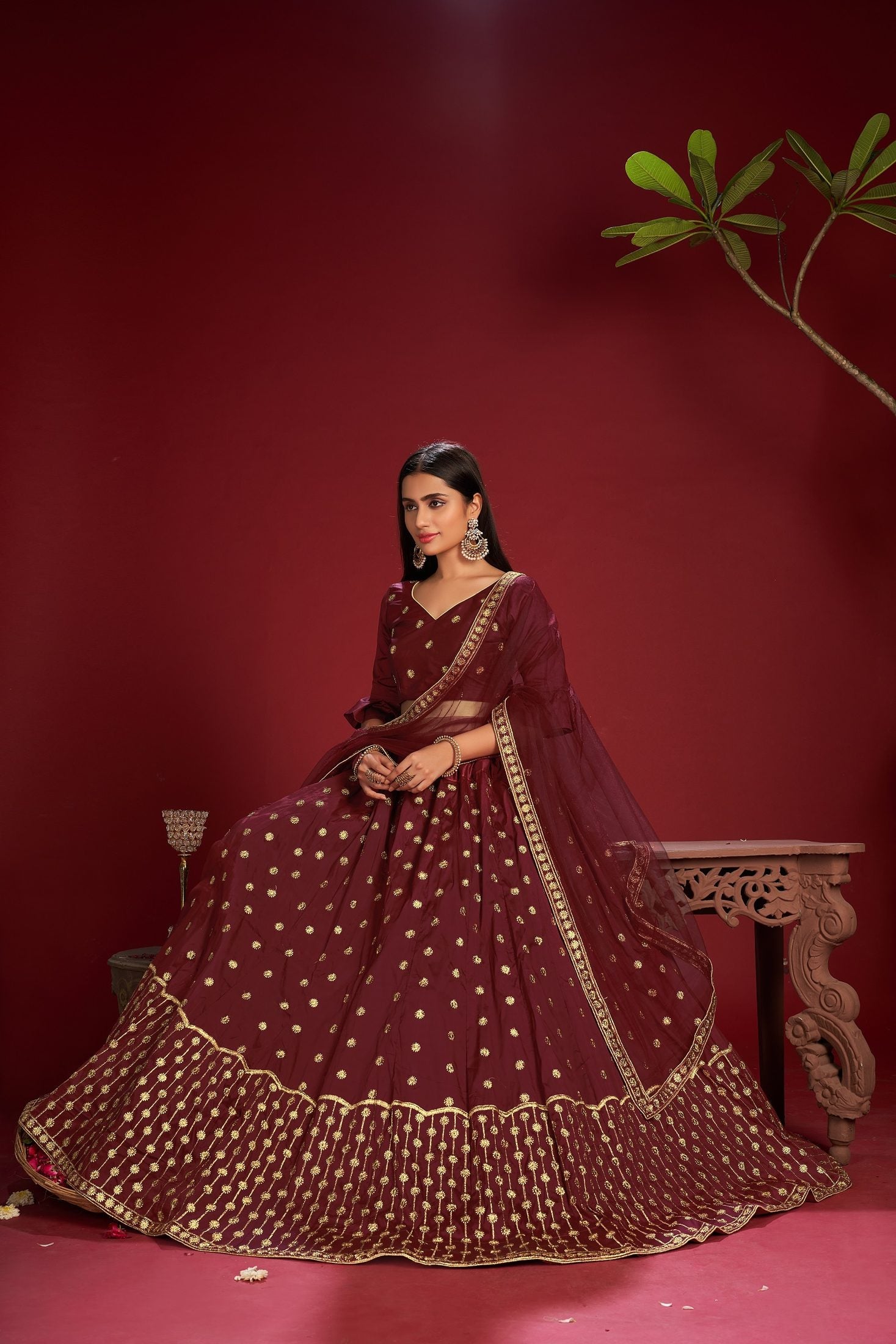 Wine Maroon Embroidered Butti Work Semi-Stitched Taffeta Silk Lehenga Choli with Dupatta for Wedding & Festive Occasion