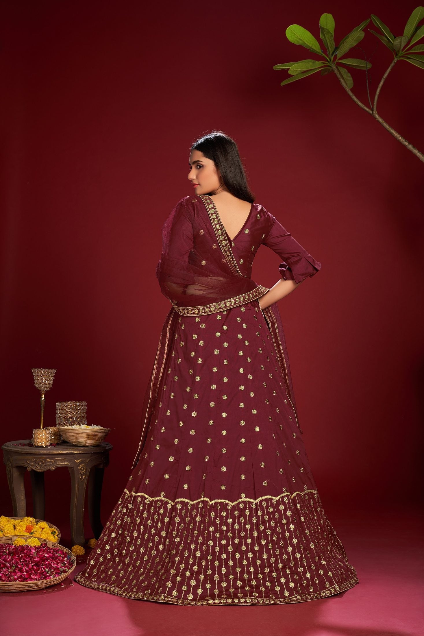 Wine Maroon Embroidered Butti Work Semi-Stitched Taffeta Silk Lehenga Choli with Dupatta for Wedding & Festive Occasion
