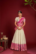 Cream and Rani Pink Jacquard Weaving Work Wedding & Festive Occasion Semi-Stitched Jacquard Lehenga Choli with Dupatta