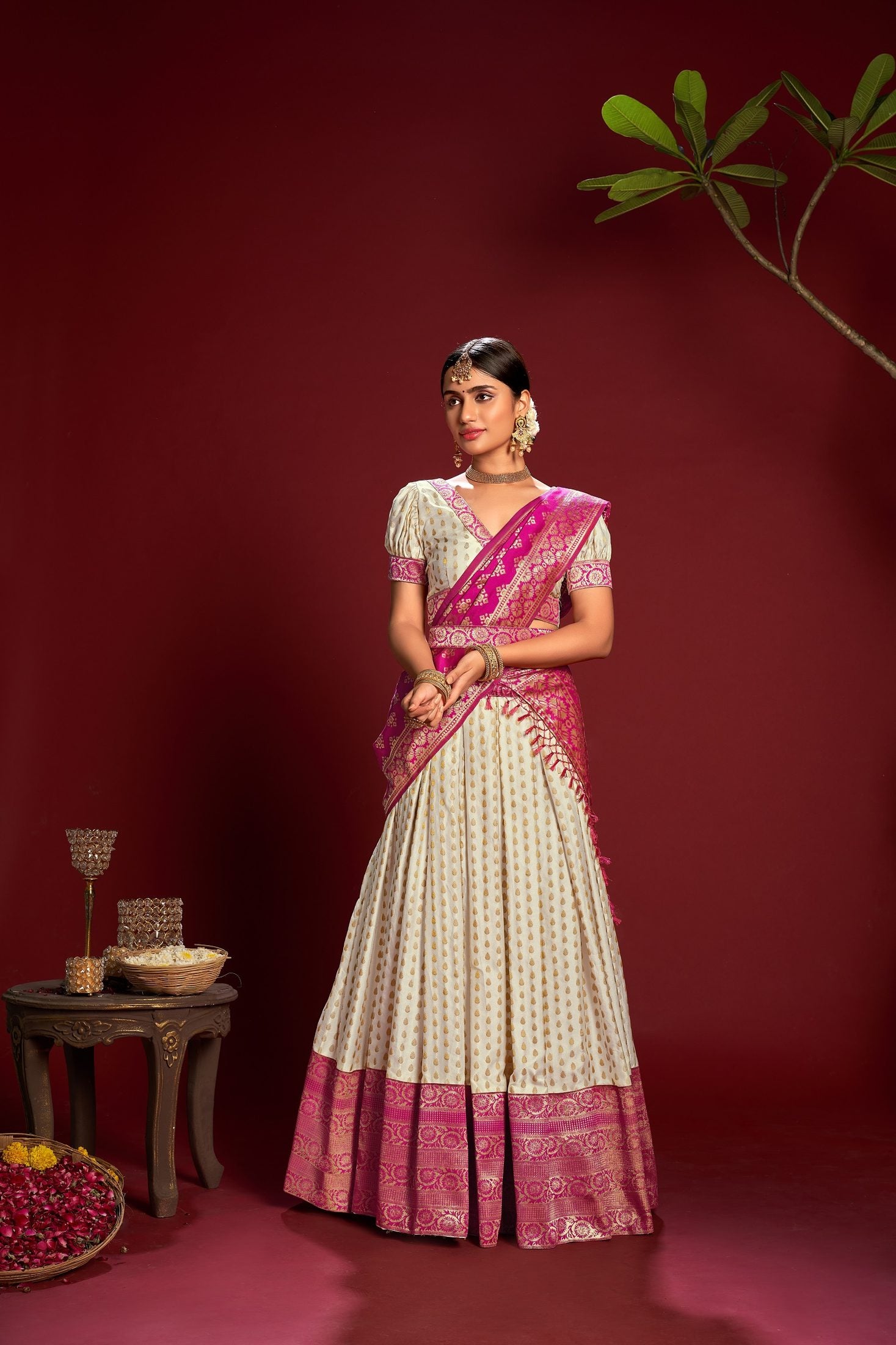 Cream and Rani Pink Jacquard Weaving Work Wedding & Festive Occasion Semi-Stitched Jacquard Lehenga Choli with Dupatta