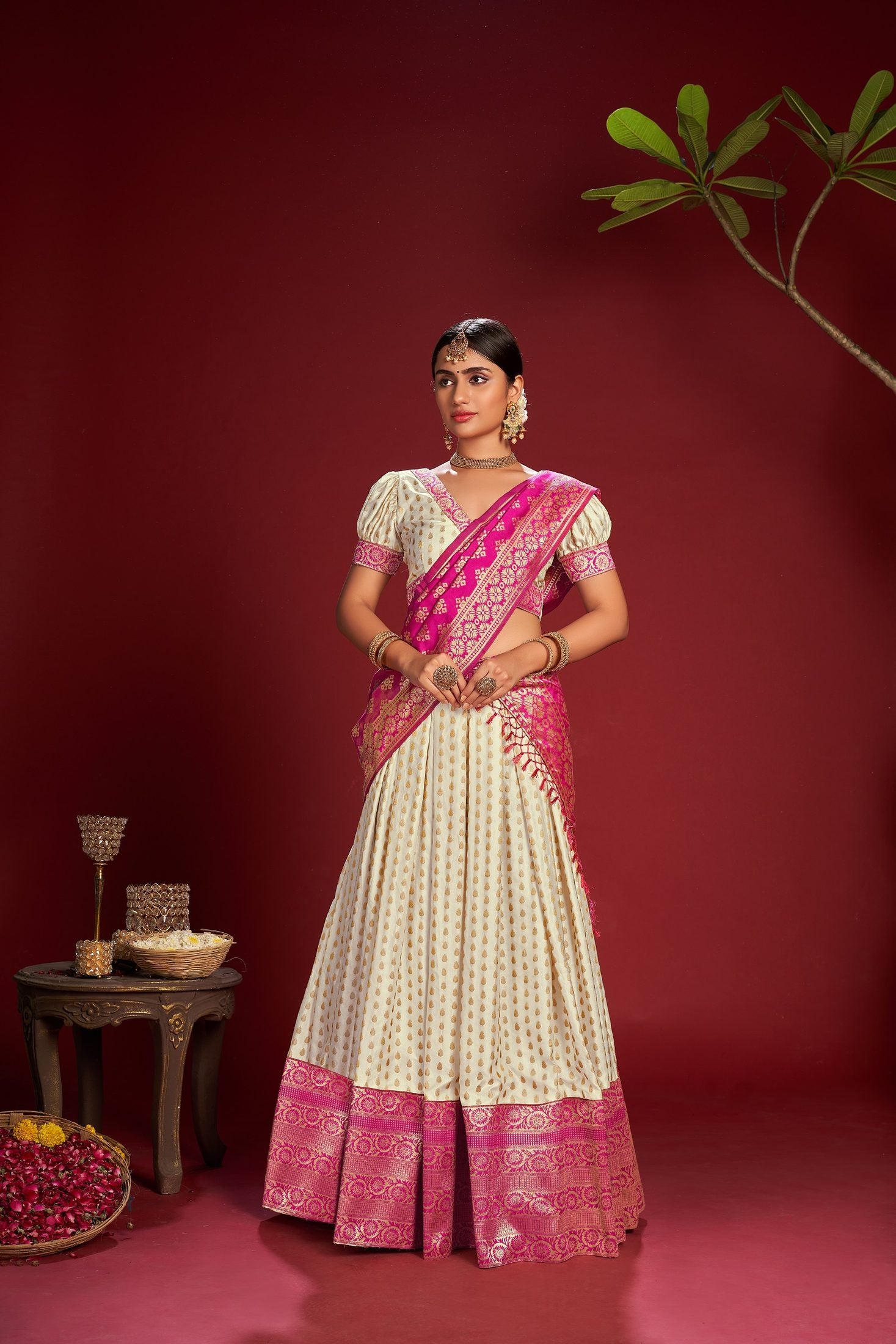 Cream and Rani Pink Jacquard Weaving Work Wedding & Festive Occasion Semi-Stitched Jacquard Lehenga Choli with Dupatta