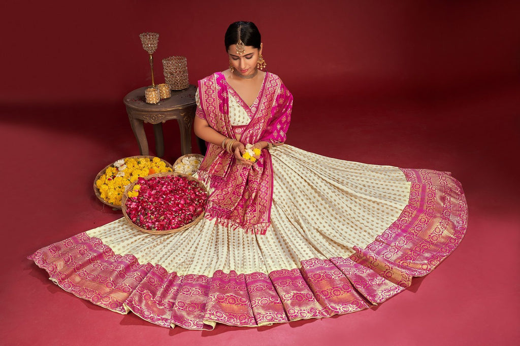 Cream and Rani Pink Jacquard Weaving Work Wedding & Festive Occasion Semi-Stitched Jacquard Lehenga Choli with Dupatta