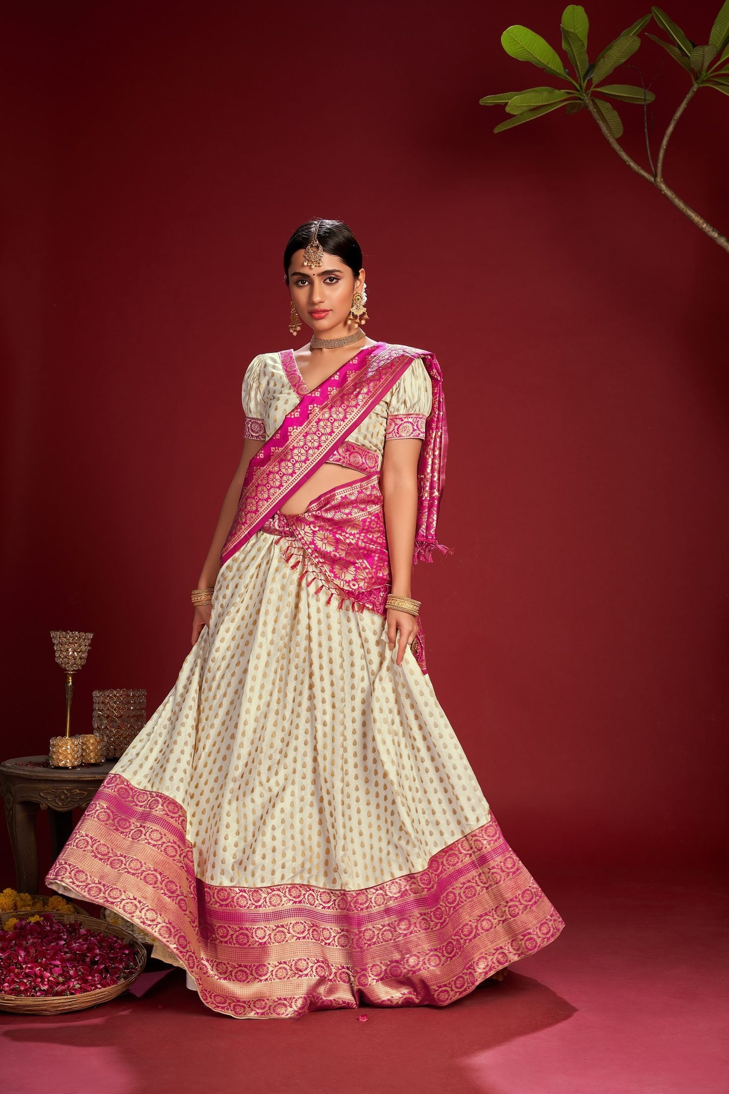 Cream and Rani Pink Jacquard Weaving Work Wedding & Festive Occasion Semi-Stitched Jacquard Lehenga Choli with Dupatta