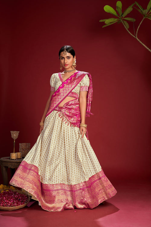 Cream and Rani Pink Jacquard Weaving Work Wedding & Festive Occasion Semi-Stitched Jacquard Lehenga Choli with Dupatta