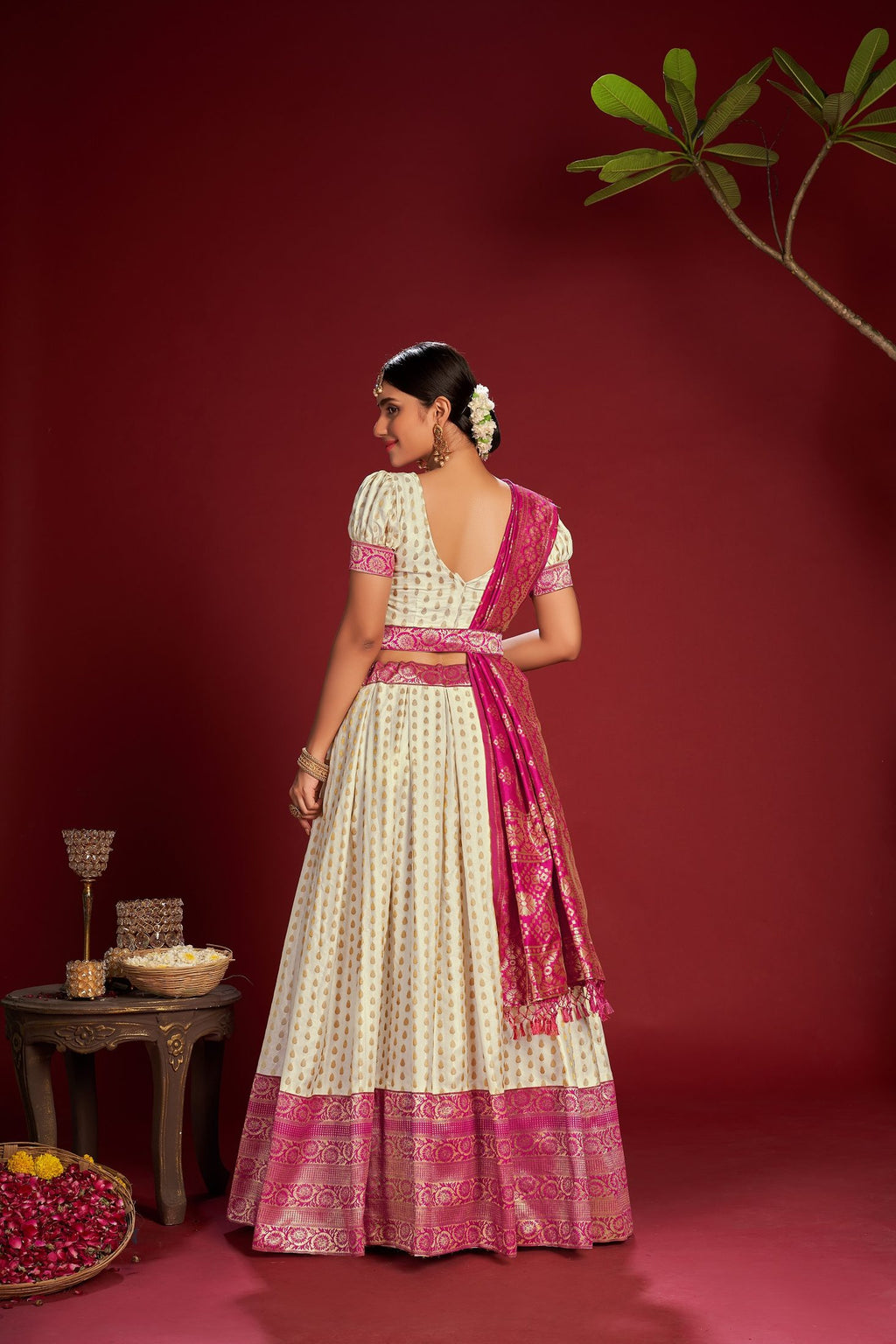 Cream and Rani Pink Jacquard Weaving Work Wedding & Festive Occasion Semi-Stitched Jacquard Lehenga Choli with Dupatta