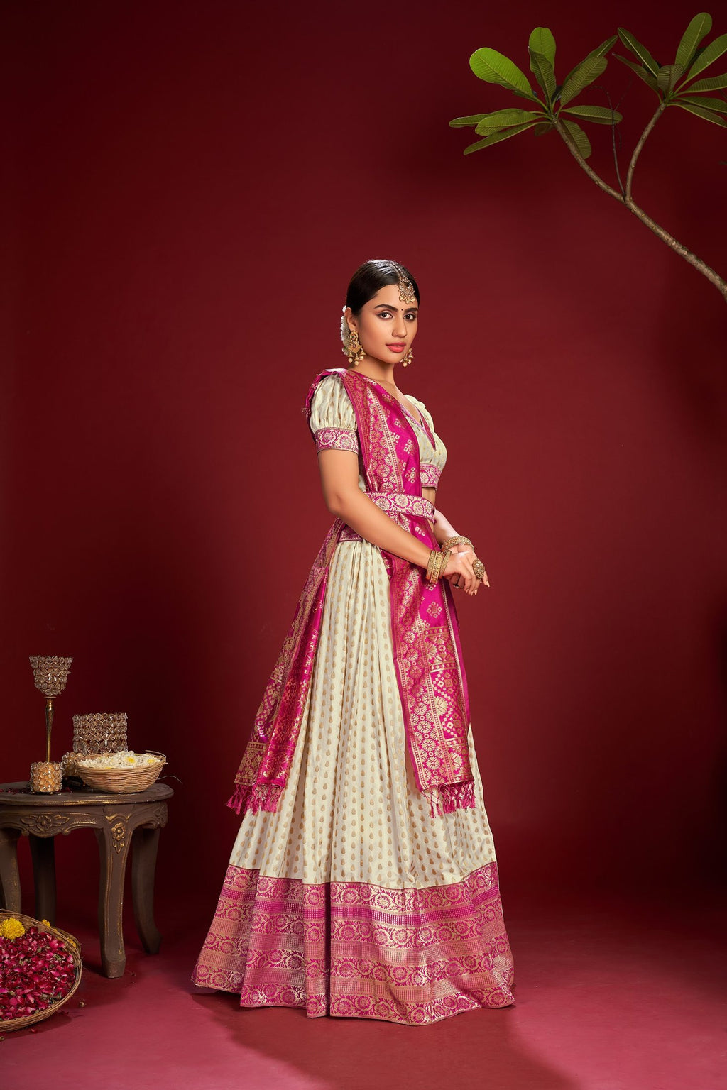 Cream and Rani Pink Jacquard Weaving Work Wedding & Festive Occasion Semi-Stitched Jacquard Lehenga Choli with Dupatta
