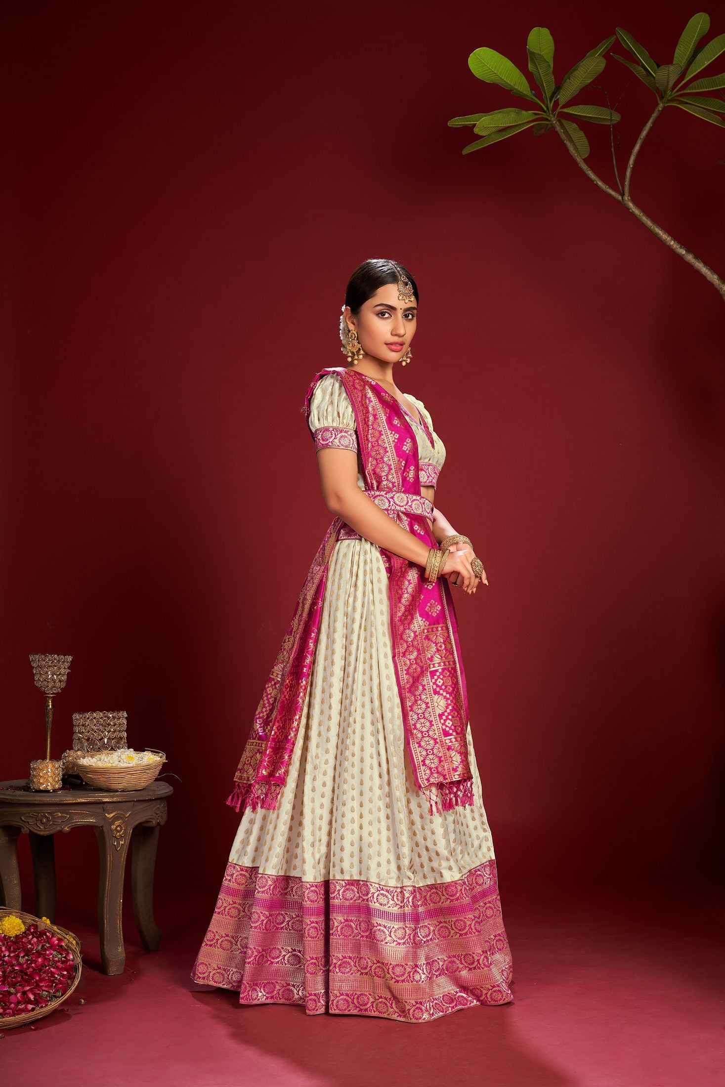 Cream and Rani Pink Jacquard Weaving Work Wedding & Festive Occasion Semi-Stitched Jacquard Lehenga Choli with Dupatta