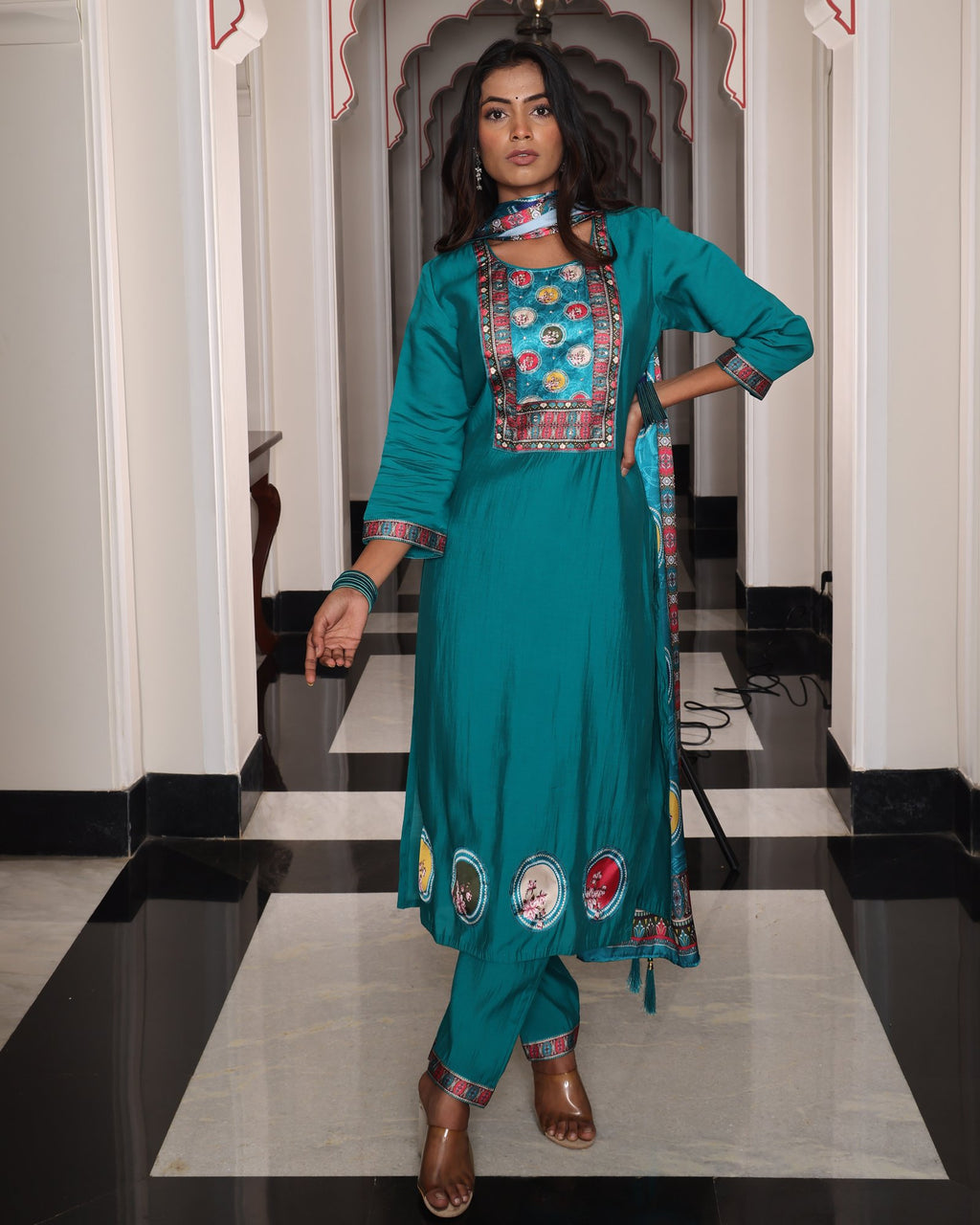Teal Embroidery Work Hand Work Kurti