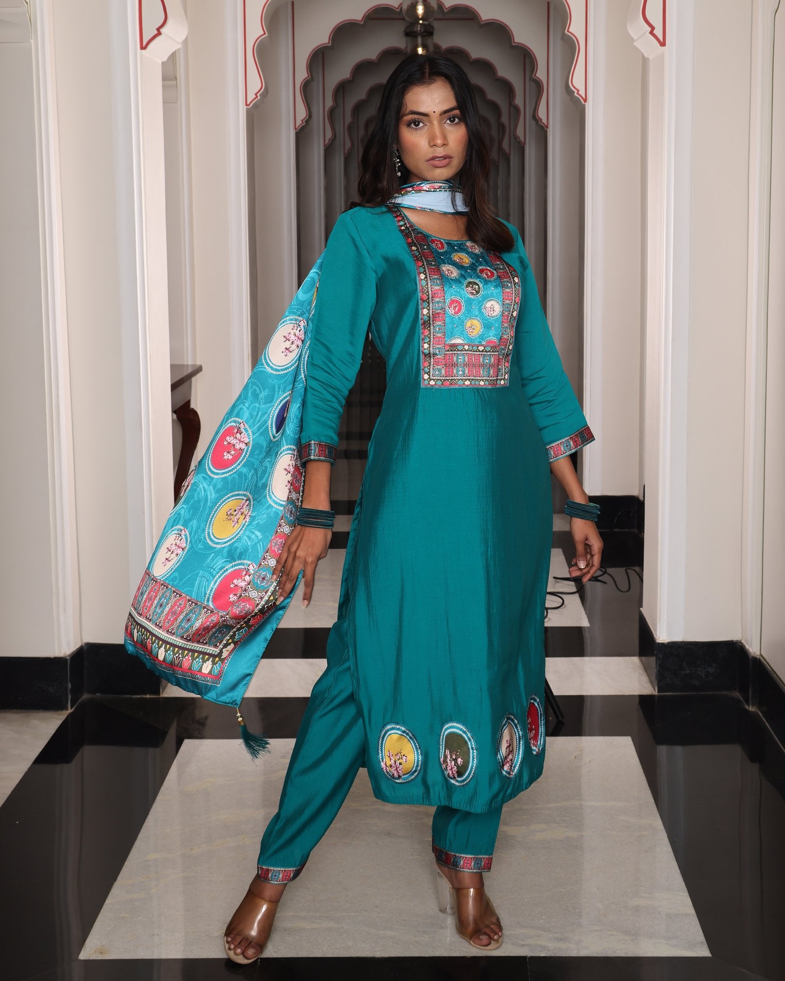 Teal Embroidery Work Hand Work Kurti