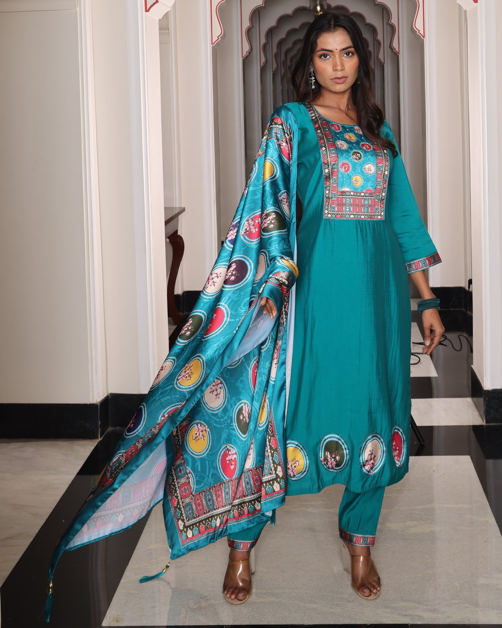 Teal Embroidery Work Hand Work Kurti