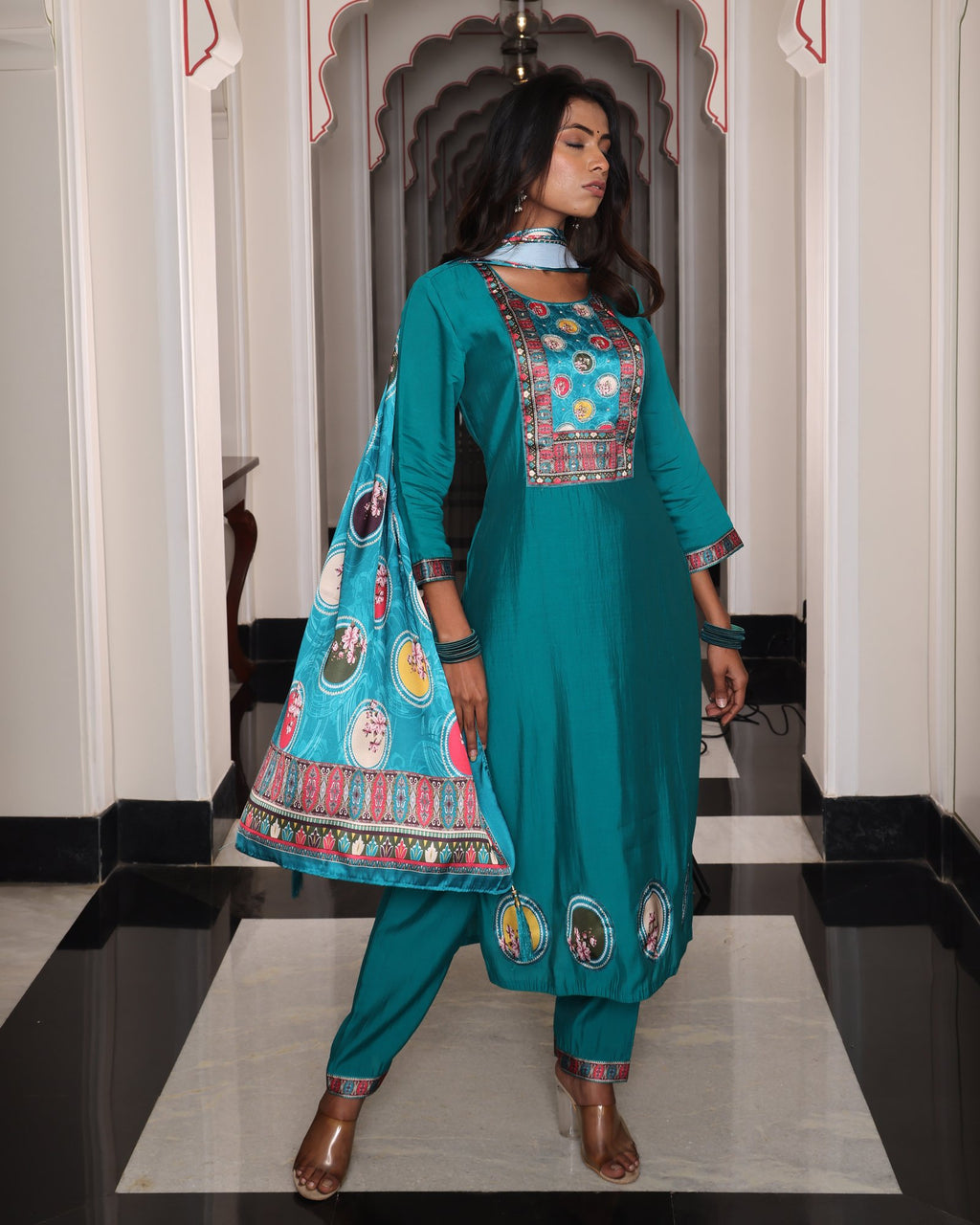 Teal Embroidery Work Hand Work Kurti