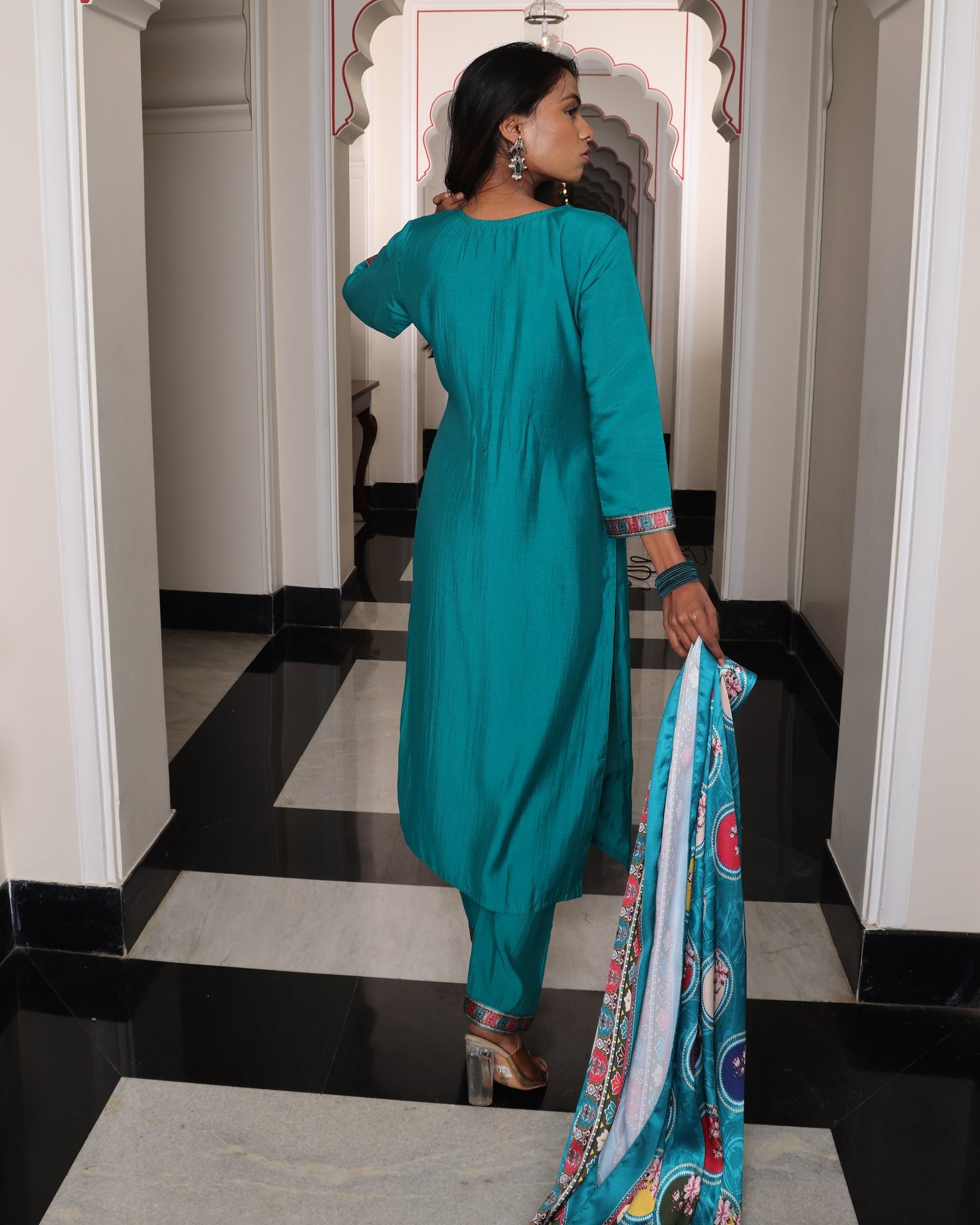 Teal Embroidery Work Hand Work Kurti