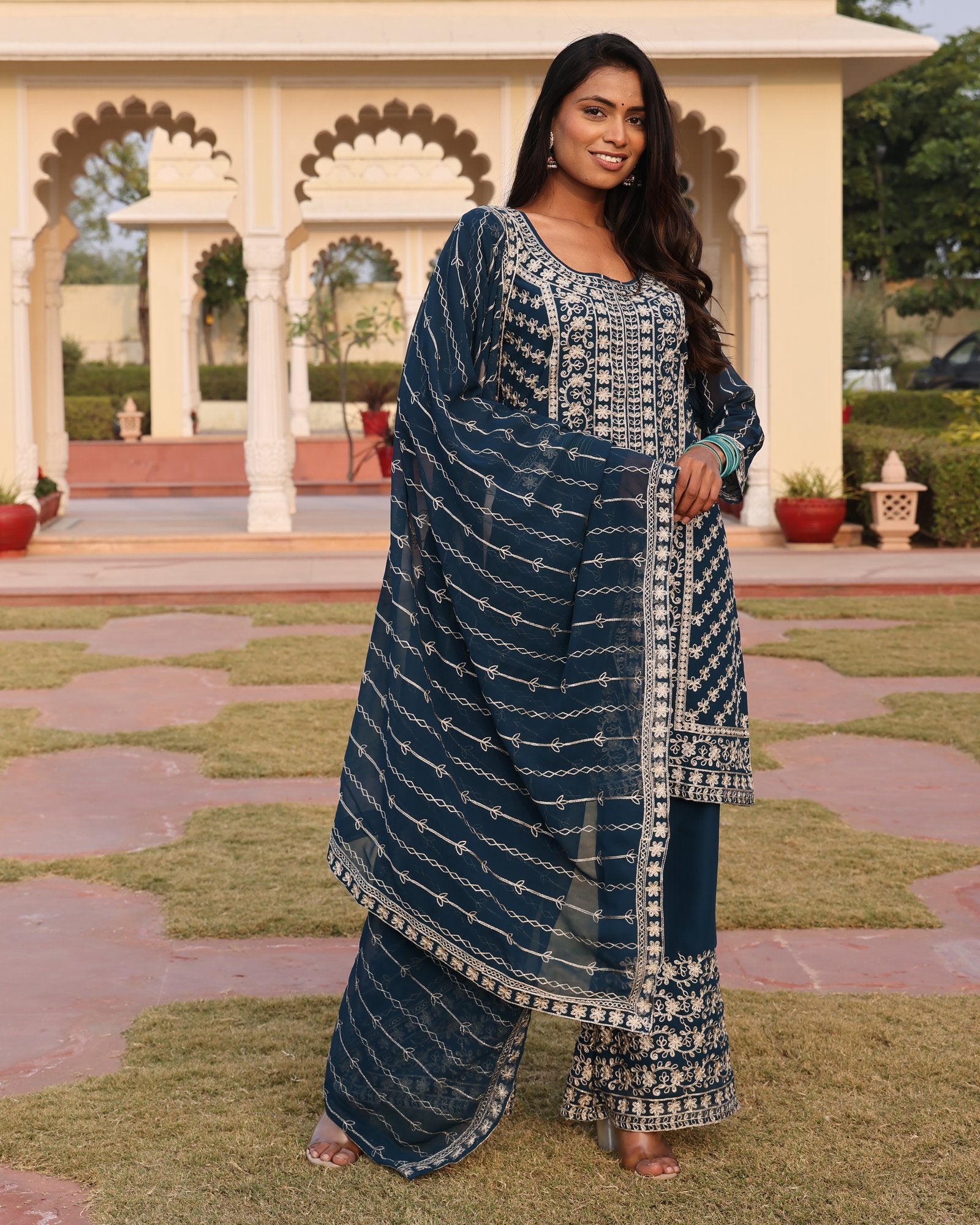 Teal Embroidery Work Hand Work Kurti