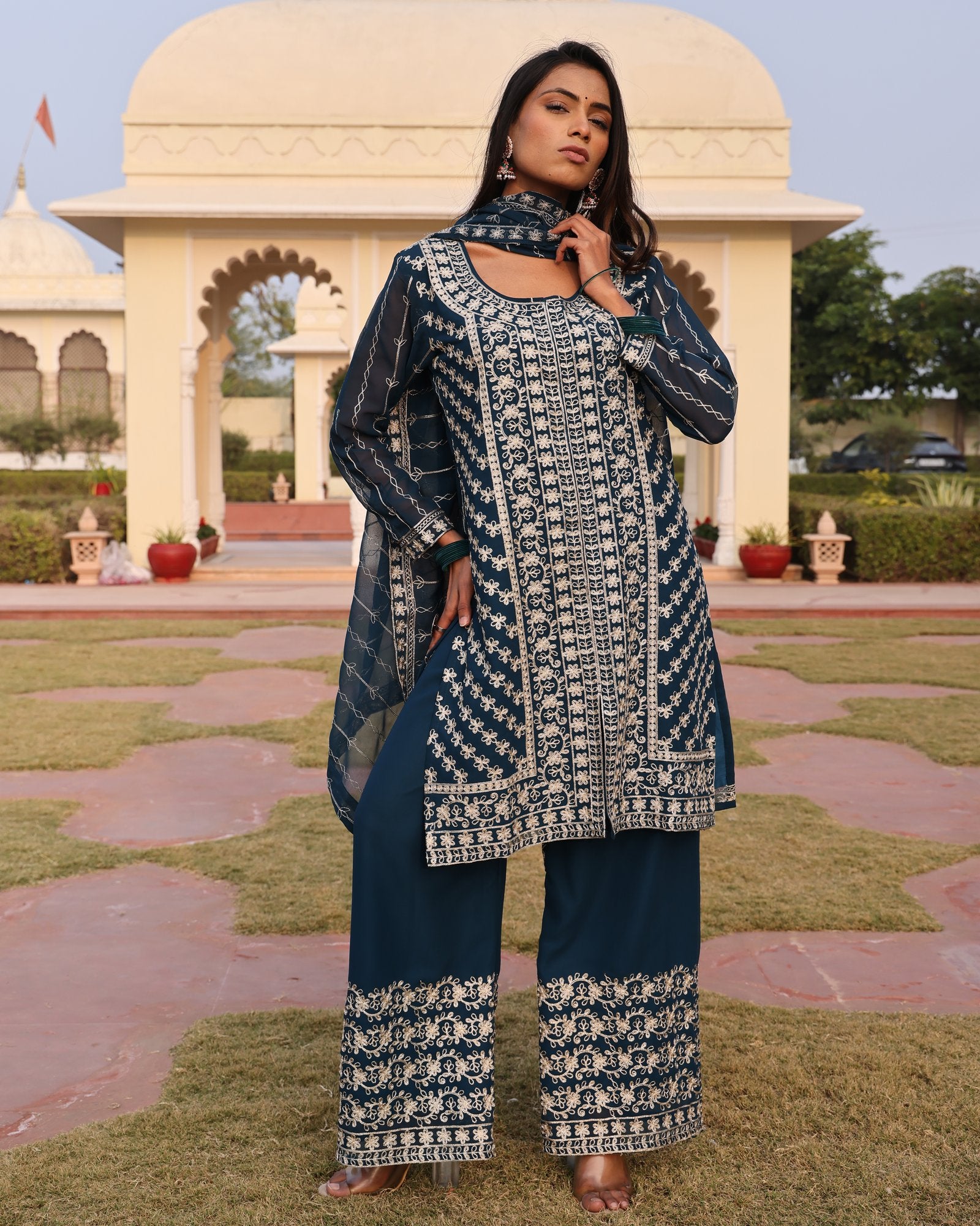 Teal Embroidery Work Hand Work Kurti