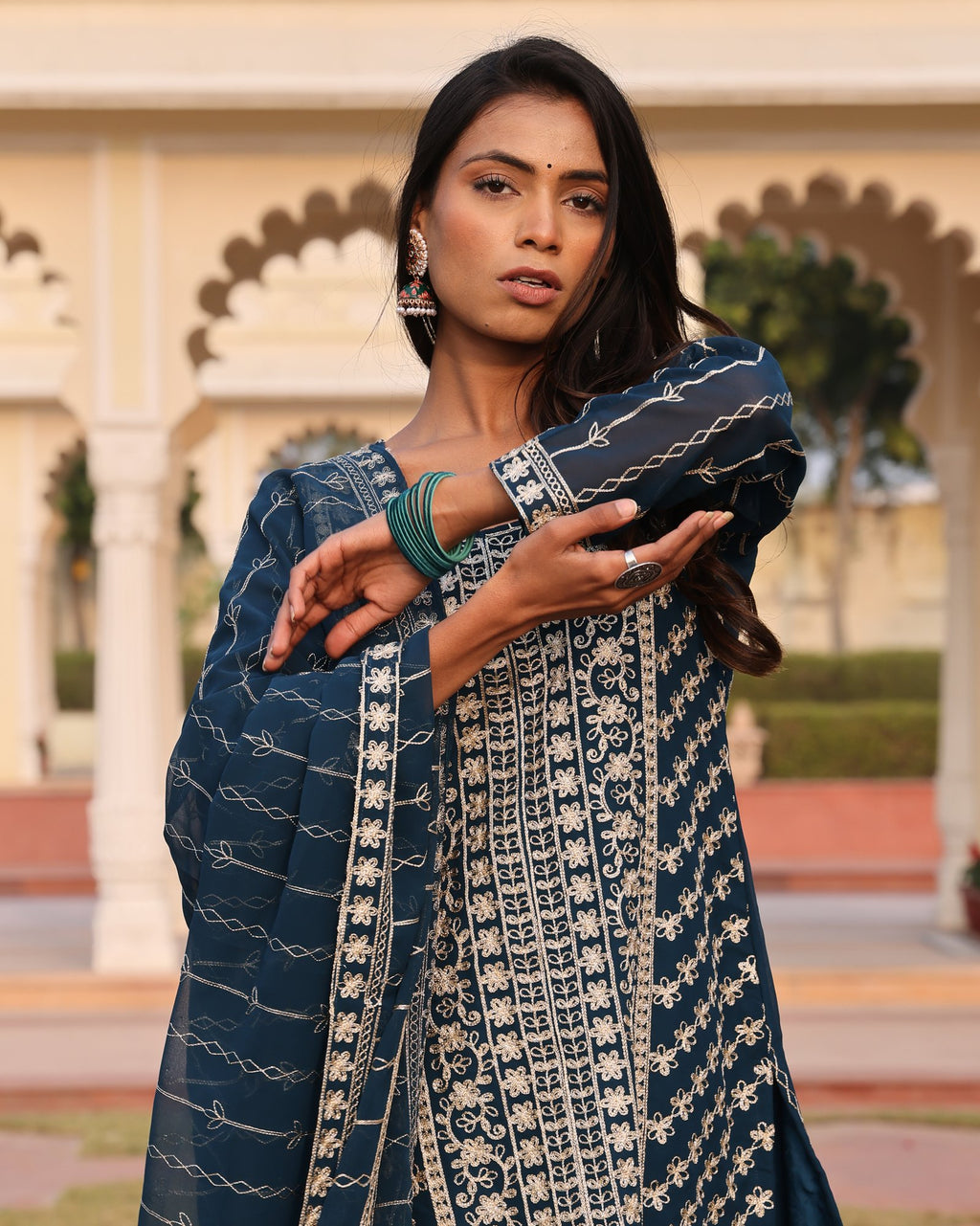 Teal Embroidery Work Hand Work Kurti