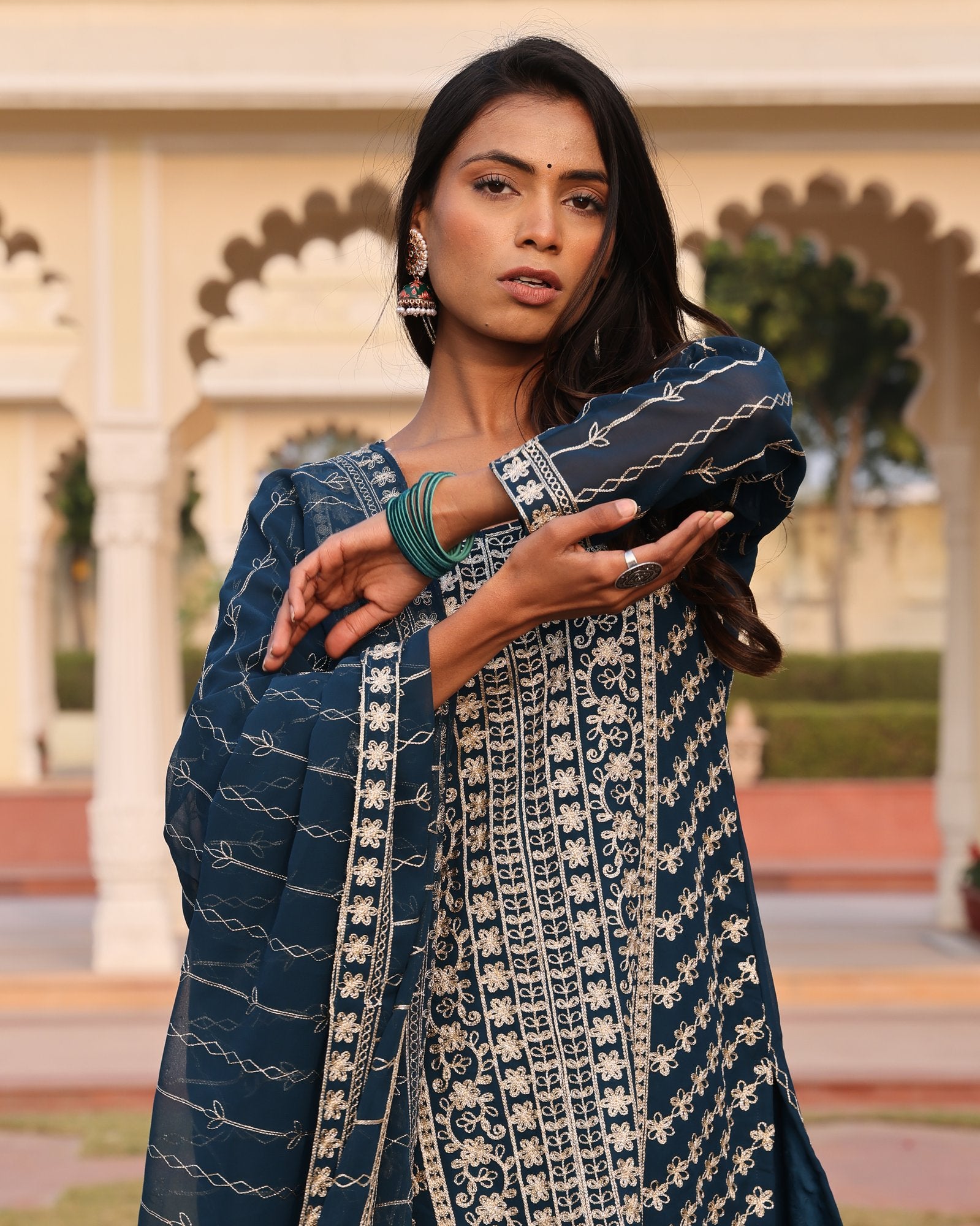 Teal Embroidery Work Hand Work Kurti
