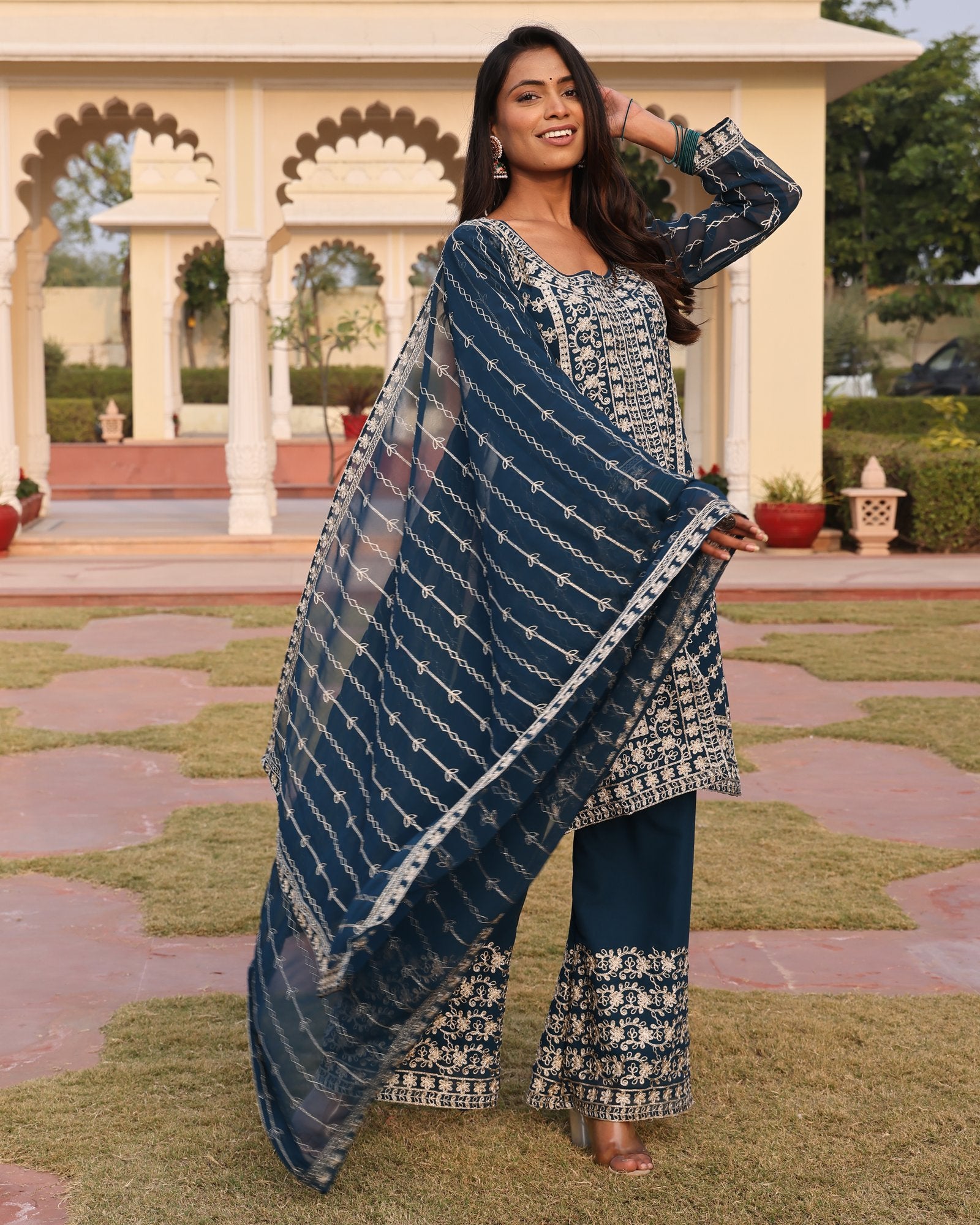Teal Embroidery Work Hand Work Kurti