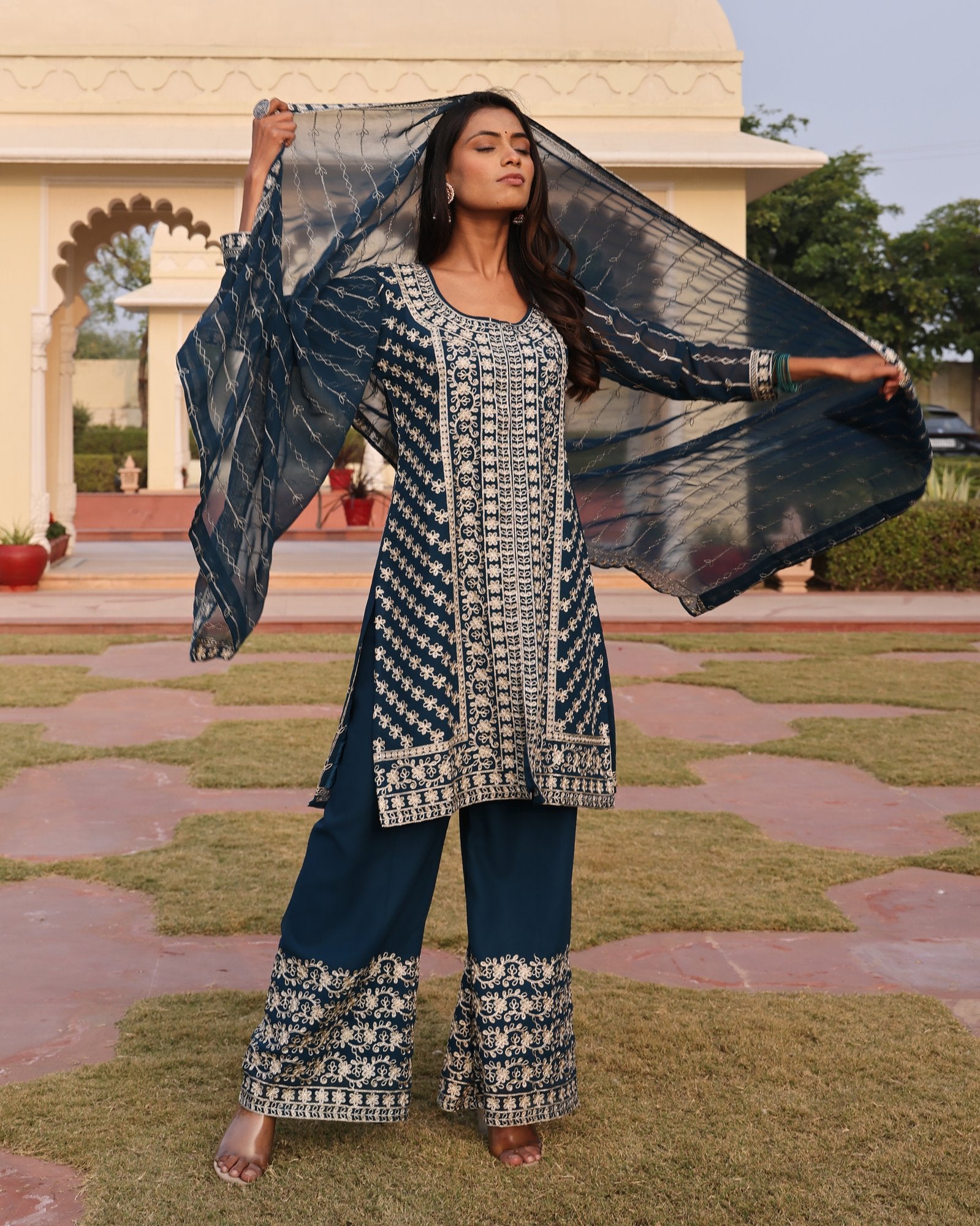 Teal Embroidery Work Hand Work Kurti