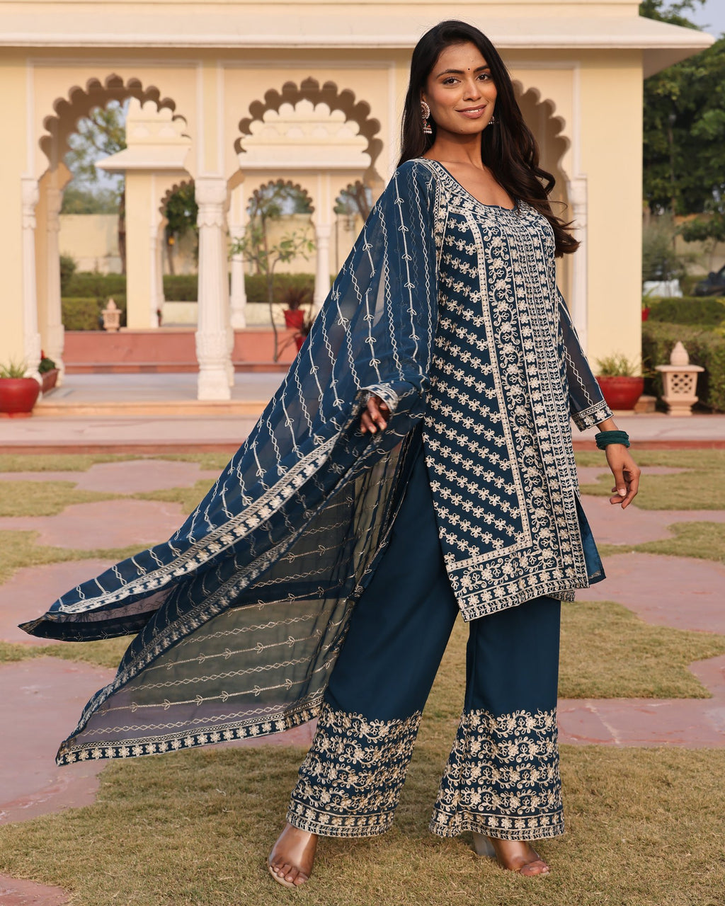 Teal Embroidery Work Hand Work Kurti