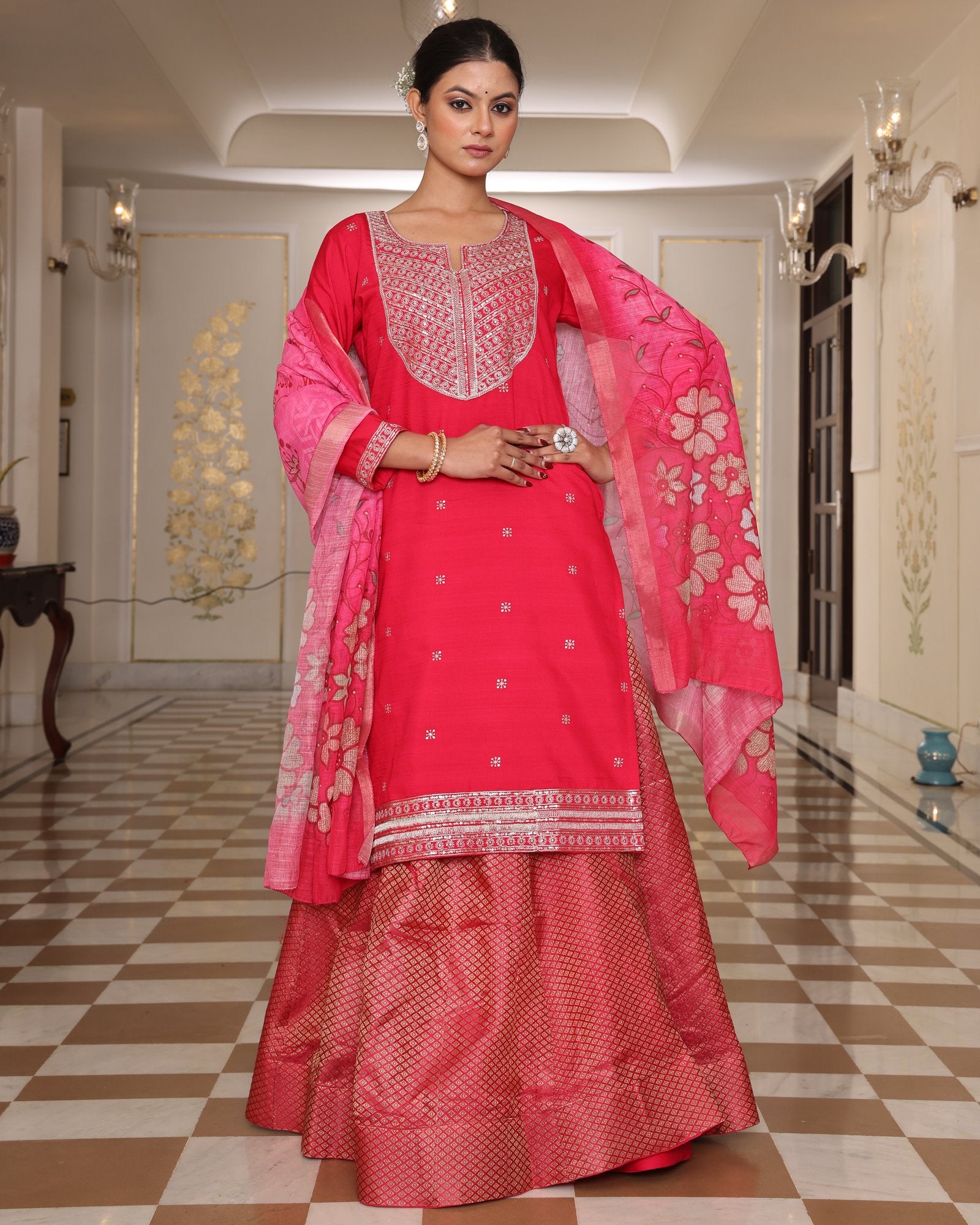 Pink Embroidery Work Hand Work Kurti