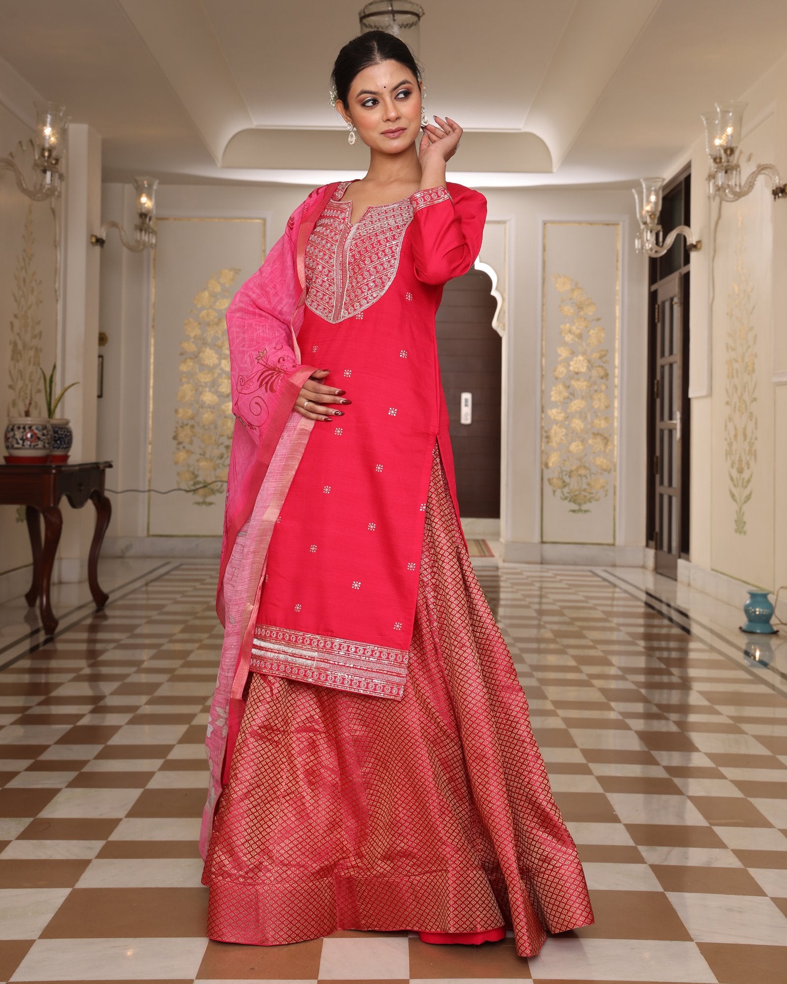 Pink Embroidery Work Hand Work Kurti