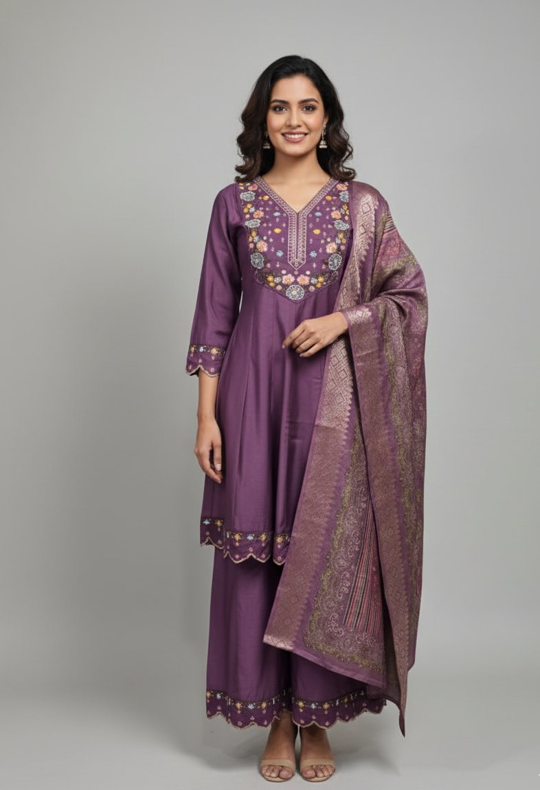 Purple Embroidery Work Hand Work Kurti