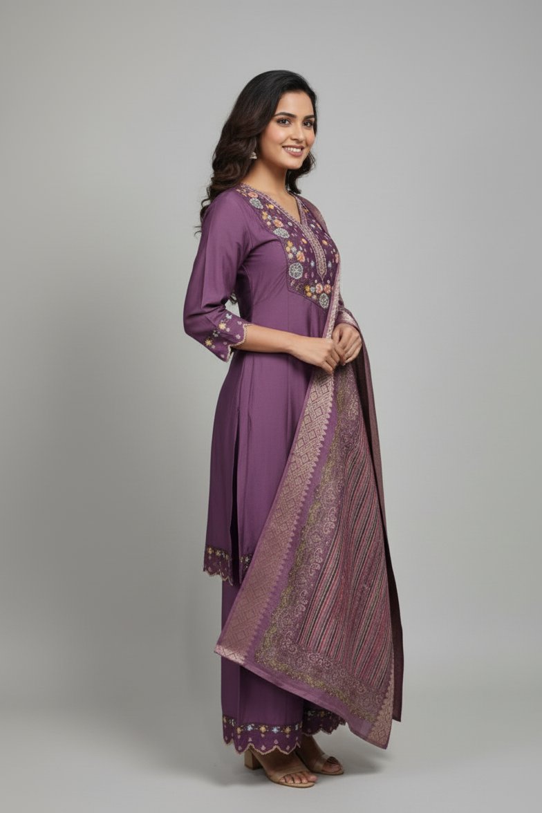 Purple Embroidery Work Hand Work Kurti