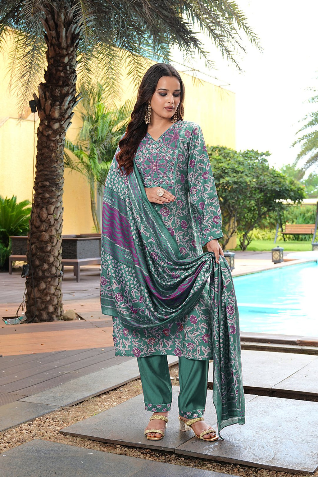 Green Embroidery With Sequence Work Kurti