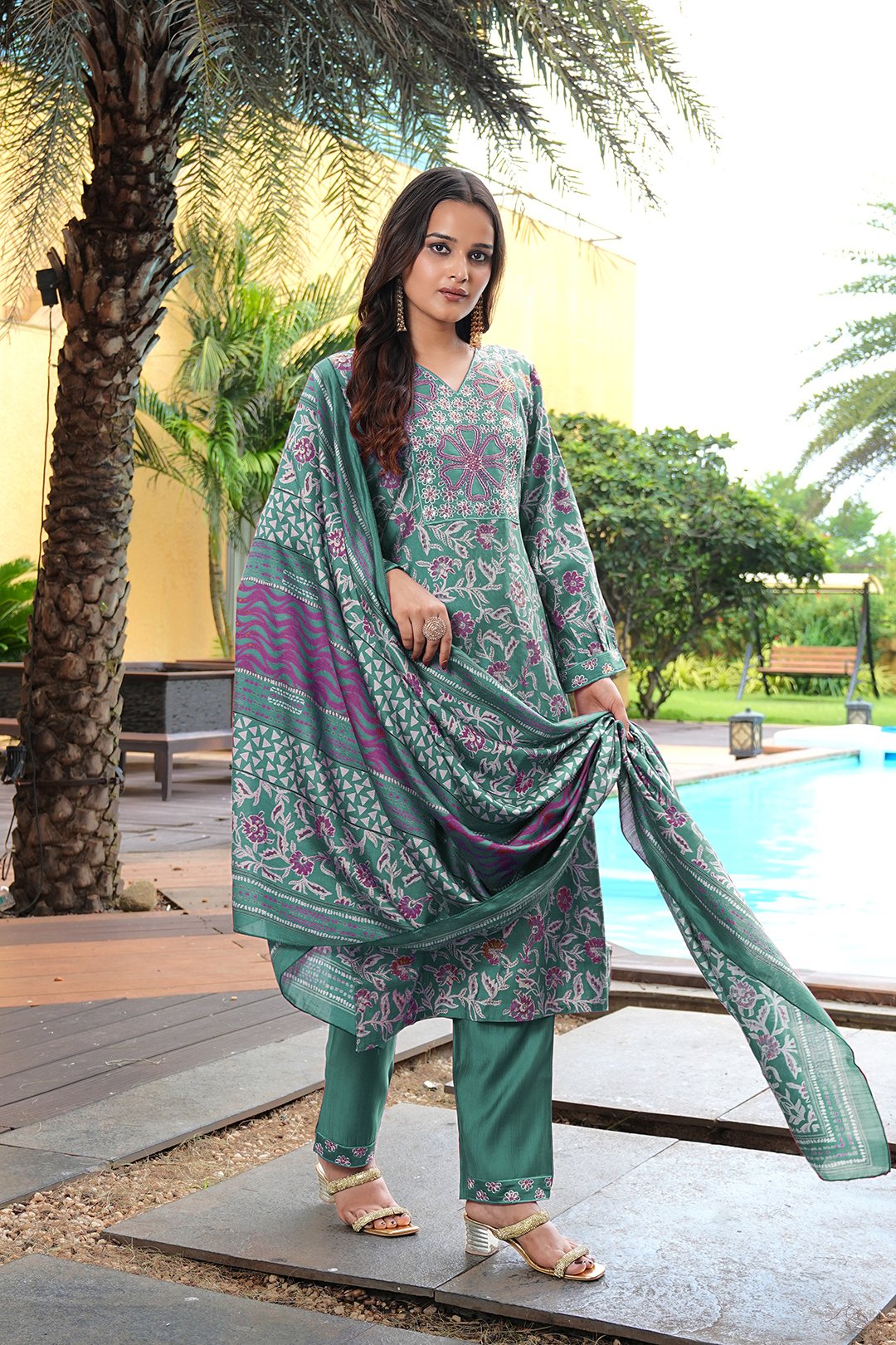 Green Embroidery With Sequence Work Kurti