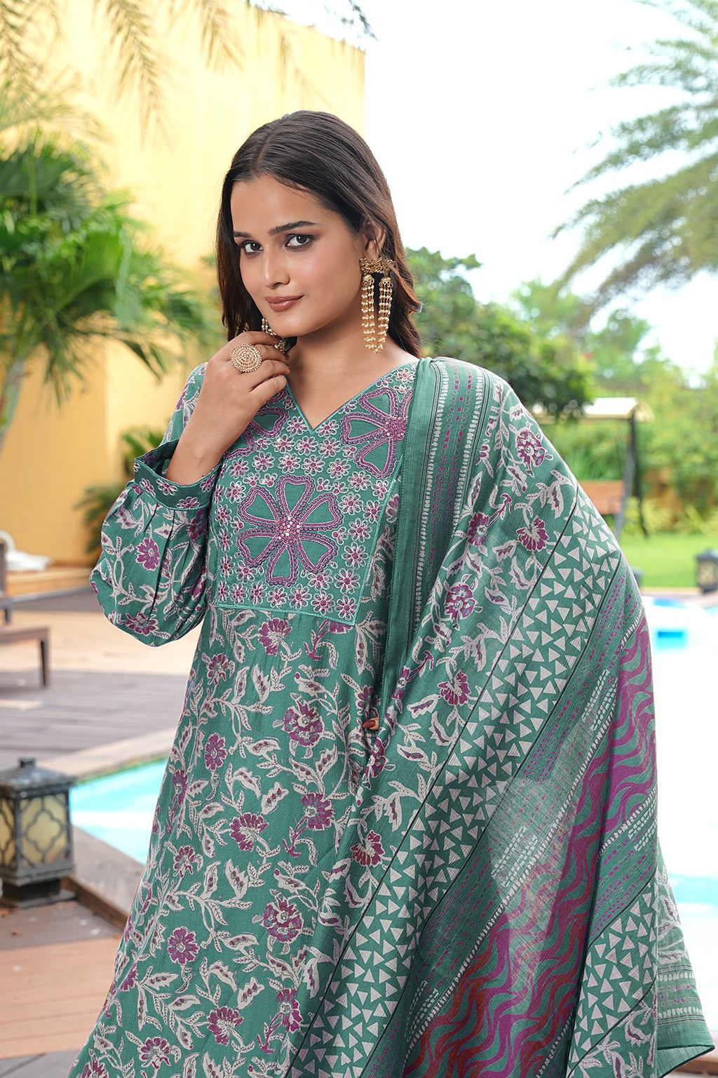 Green Embroidery With Sequence Work Kurti