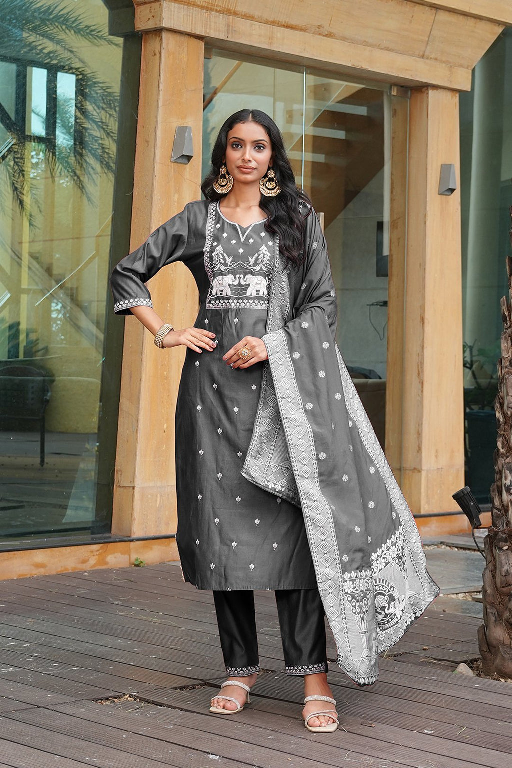 Grey Embroidery With Multi Thread Work Kurti
