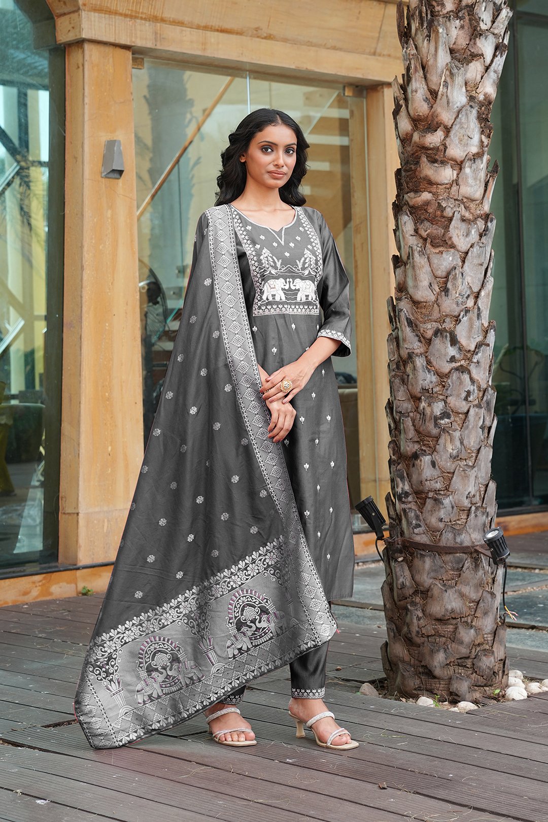 Grey Embroidery With Multi Thread Work Kurti